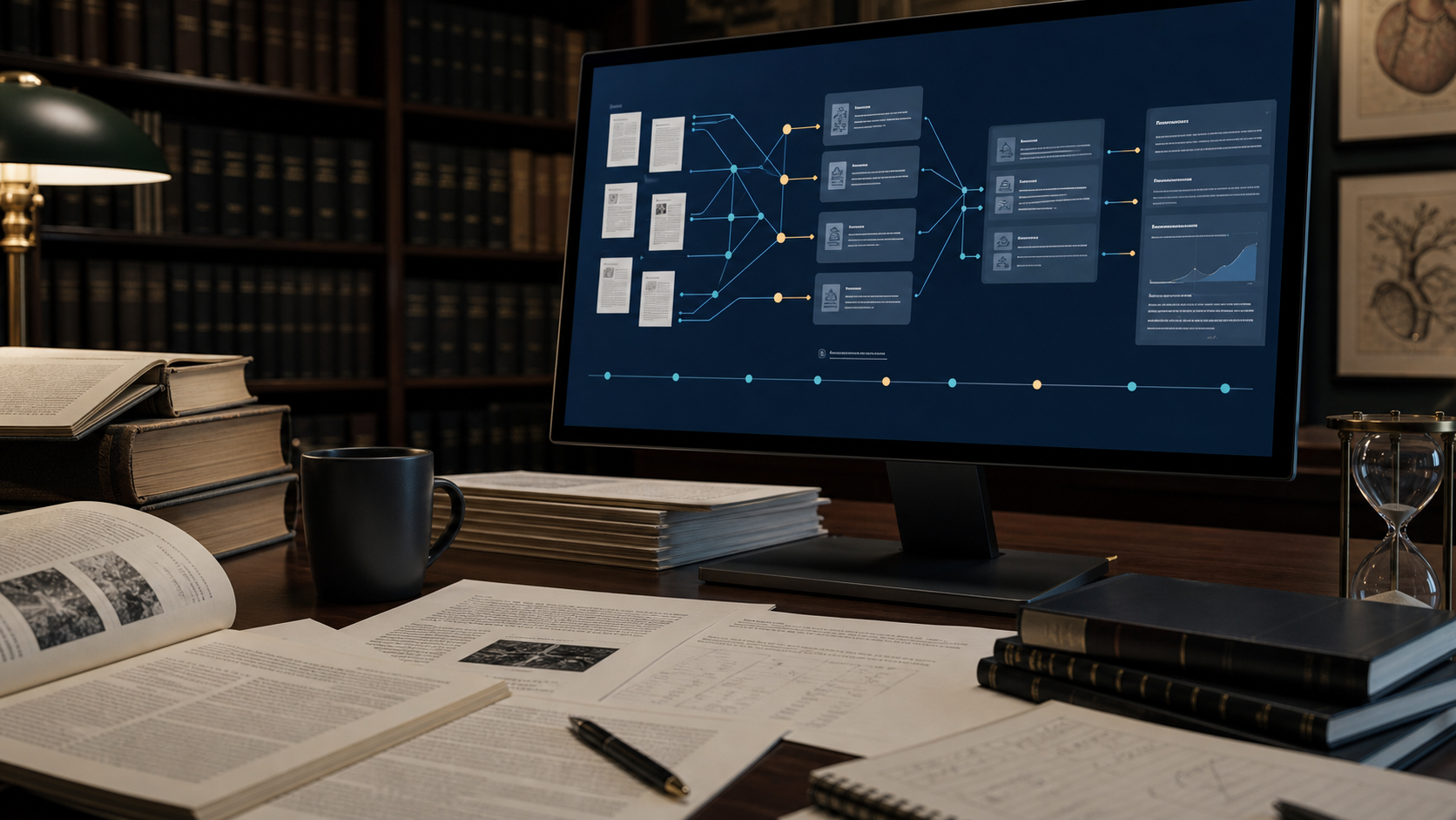 Medical journals and archival papers feeding a digital evidence pipeline with citation chains and provenance markers.