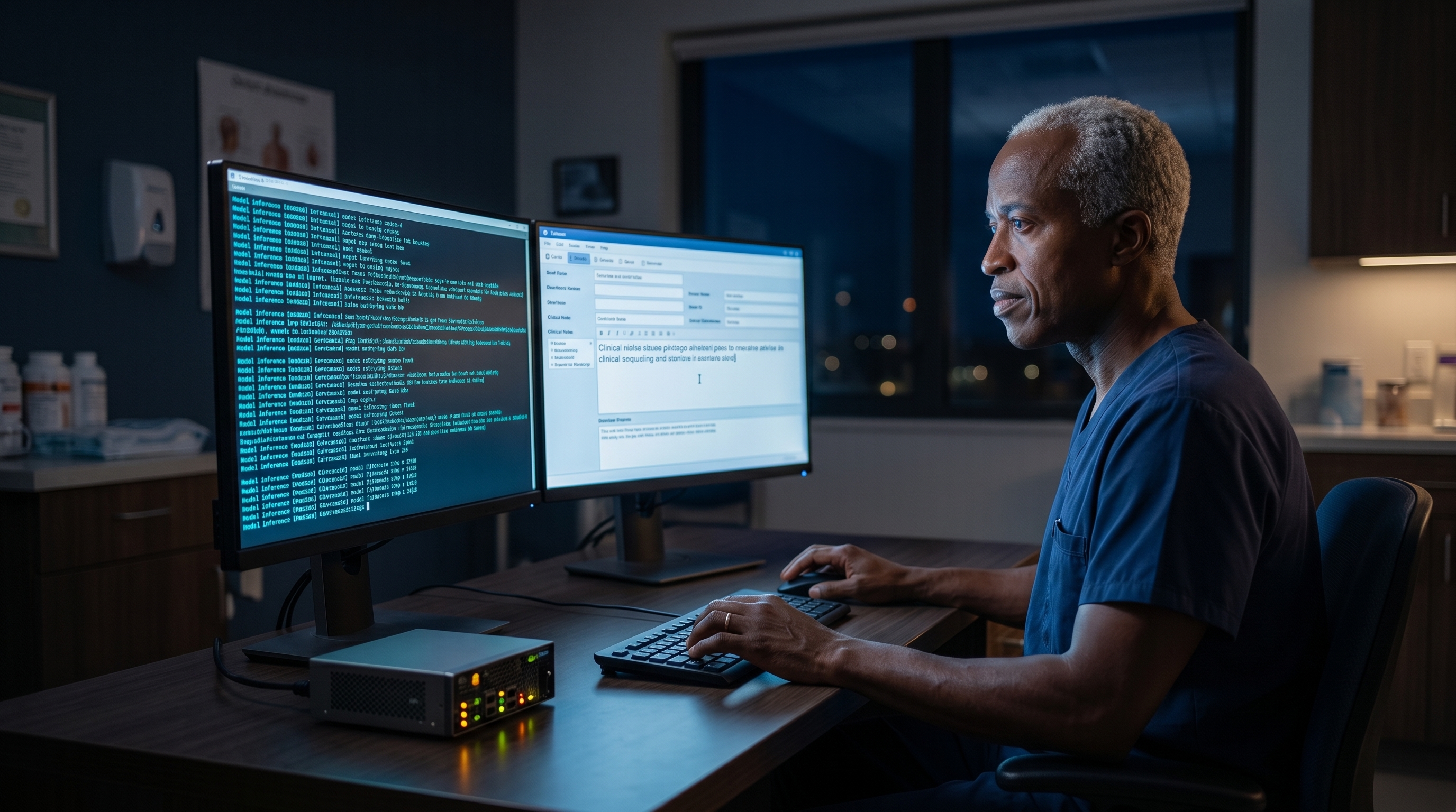 Physician-developer at a workstation with terminal output and a clinical note glowing on dual monitors, GPU server on the desk, dark clinical office at night