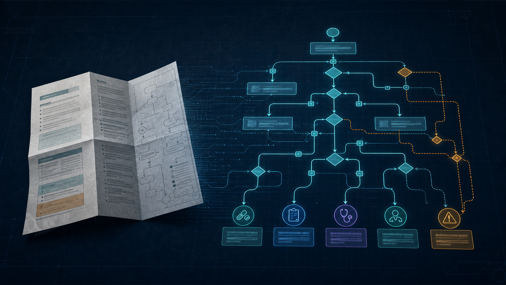 A clinical guideline unfolding into an inspectable decision tree with thresholds, branches, and exception paths