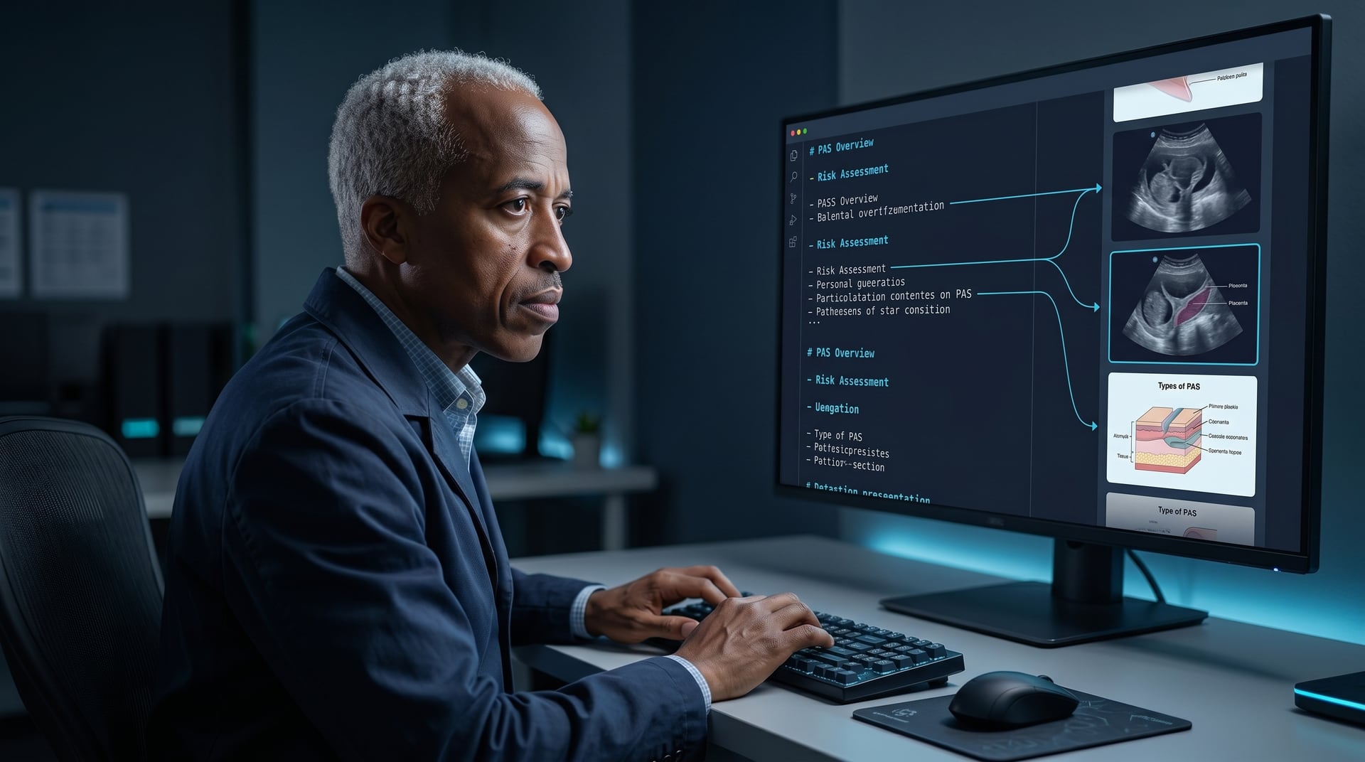 Physician-developer reviewing a Markdown-based clinical presentation workflow on a monitor in a dark, cyan-lit workspace