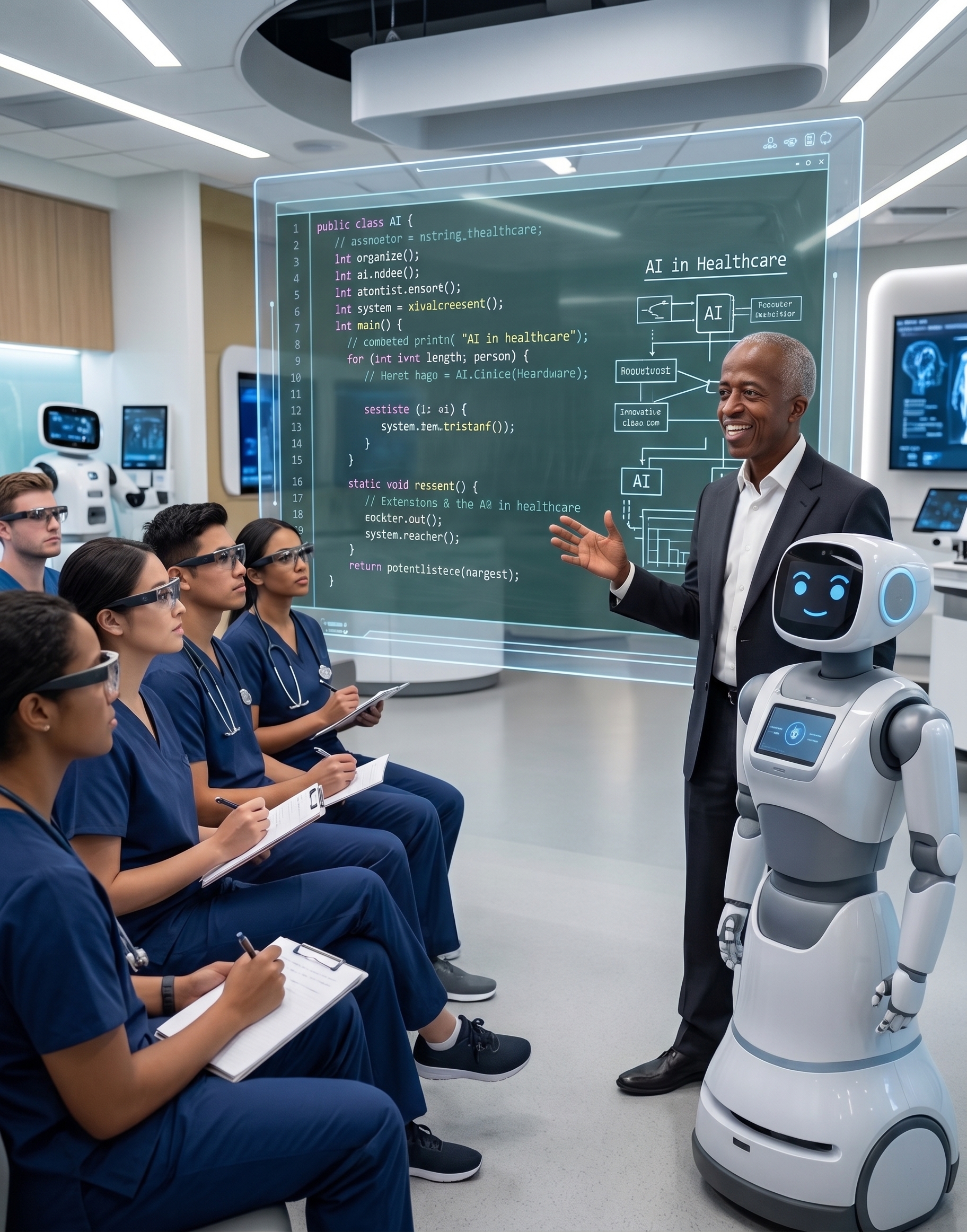 A physician teaches medical students about clinical AI while standing beside a healthcare robot