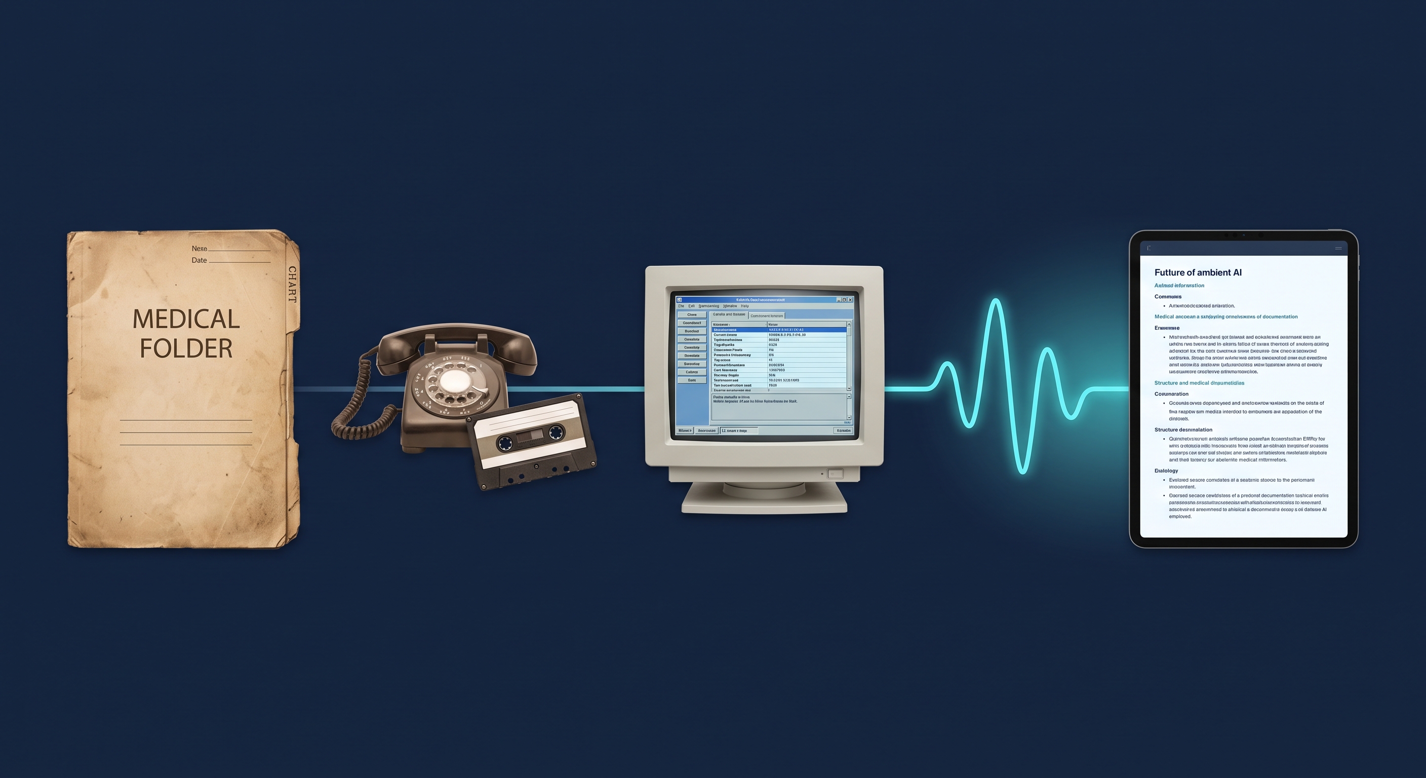 A timeline collage of a paper hospital chart, a dictation telephone, an early EMR screen, and a modern ambient AI waveform