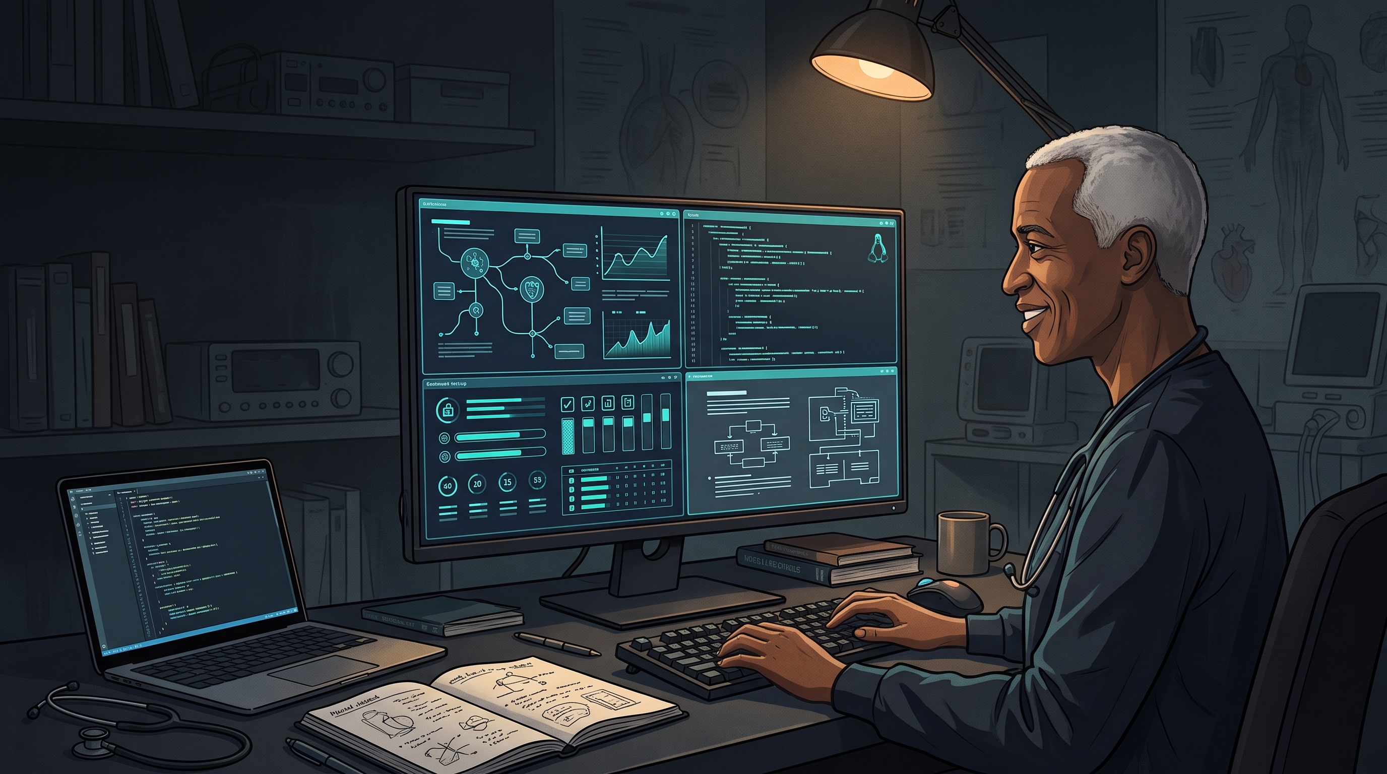 A physician-developer working across four organized Omarchy workspaces for evidence, code, testing, and documentation