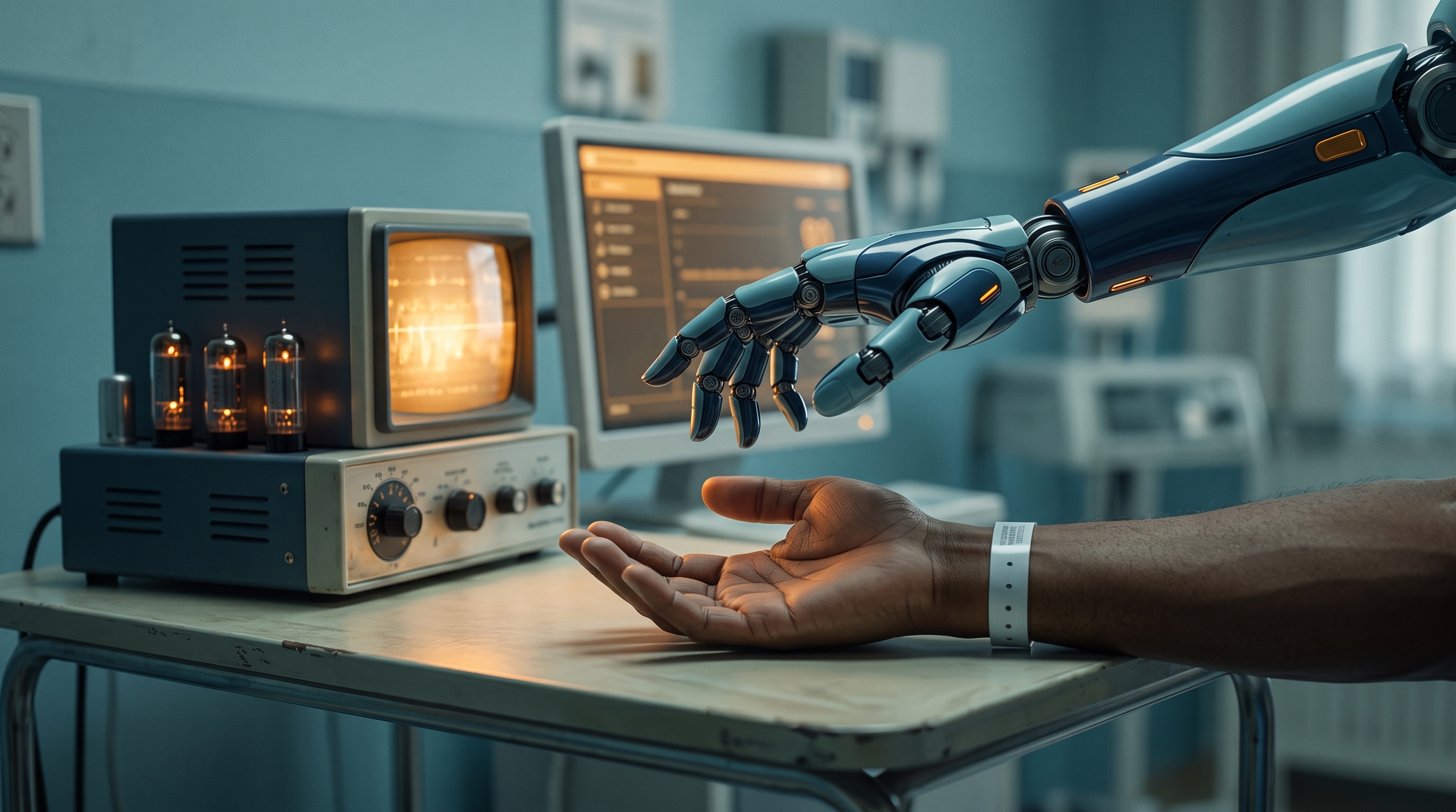A humanoid robot hand hovering protectively over an open human hand, rendered in muted retro-futurist tones