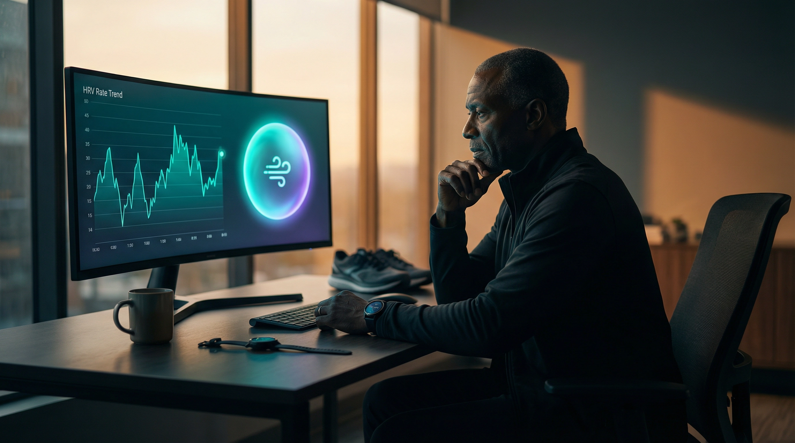 A physician reviews his HRV trend chart and PGIS Breathe app at dawn, Garmin watch on his wrist, running shoes in the background.