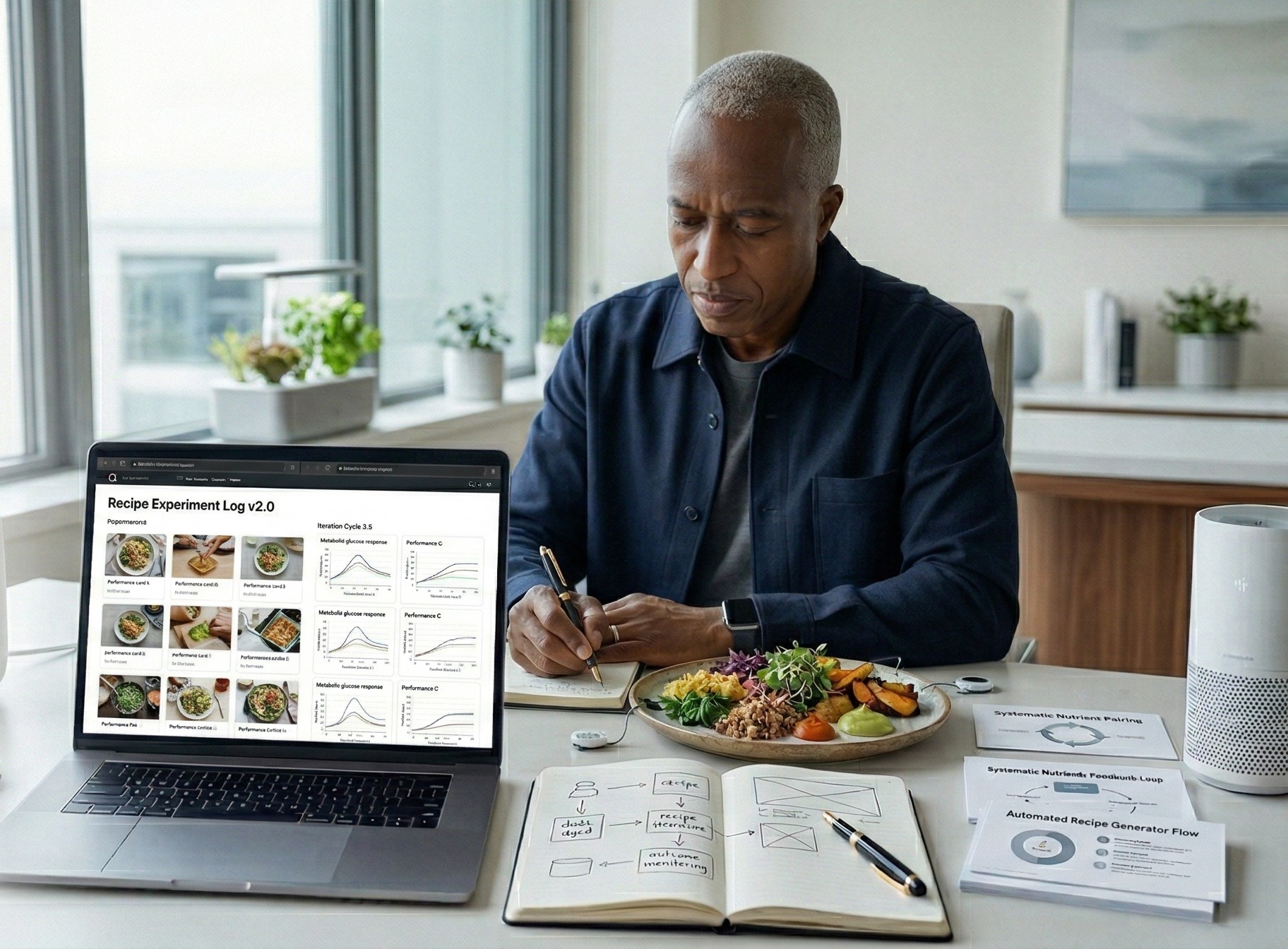 Physician-builder reviewing a PGIS recipe library on a laptop while sketching the system architecture beside a plated meal