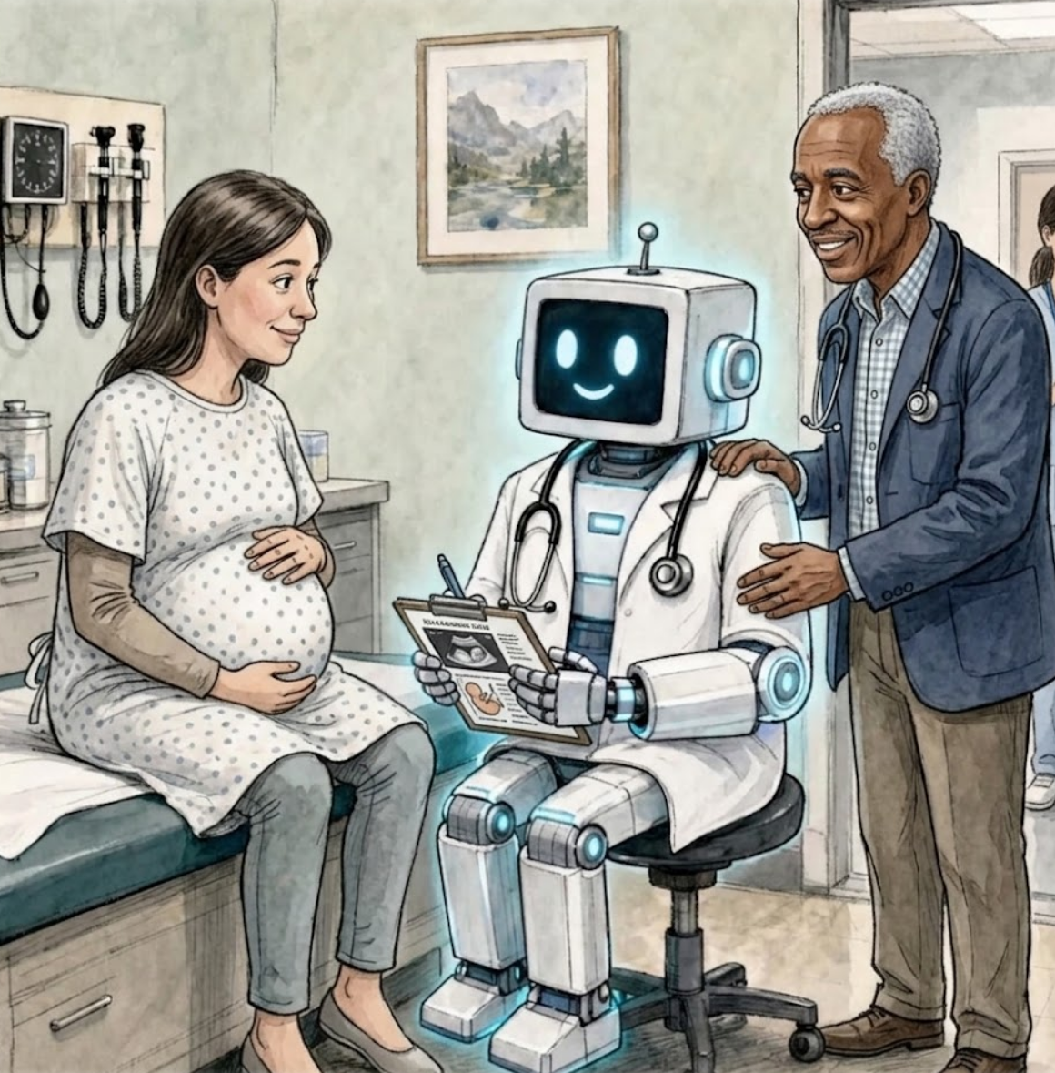 A physician supervises a clinical AI robot during a consultation with a pregnant patient