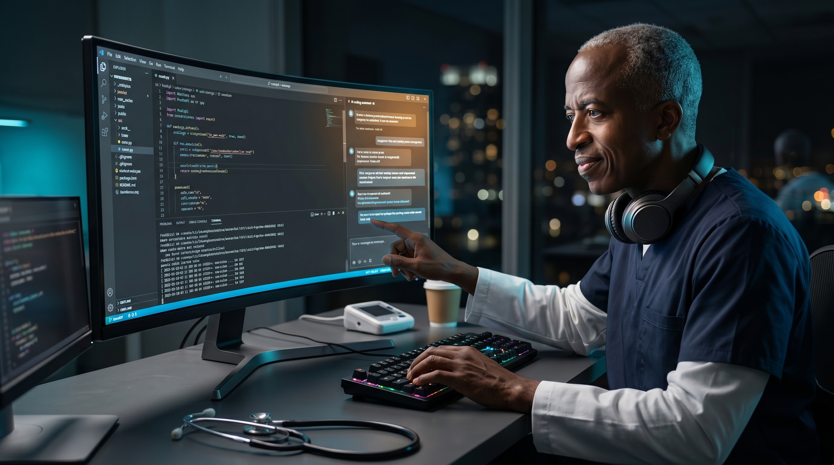 A physician-developer working at night with an AI coding assistant open beside a software project