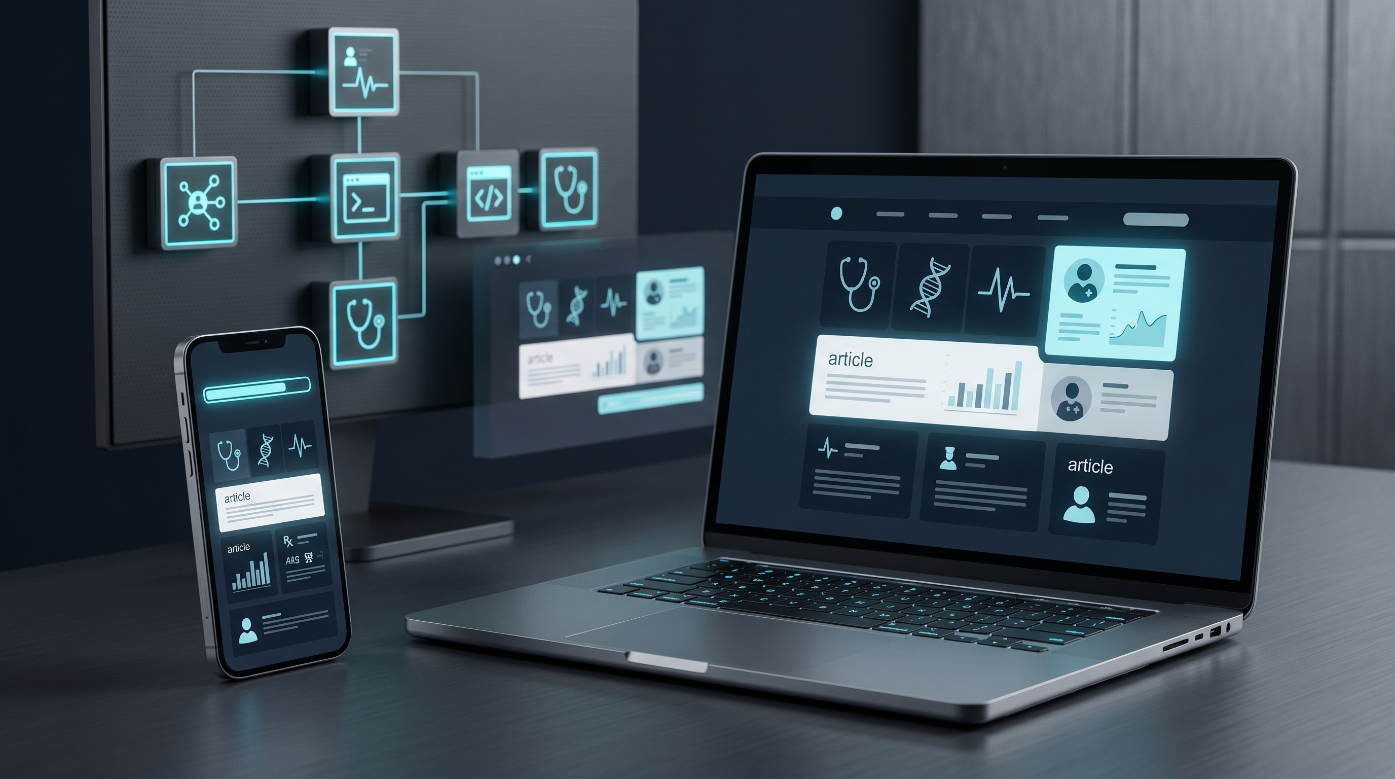 A fast clinical content site displayed across screens with an architecture-focused web development workspace