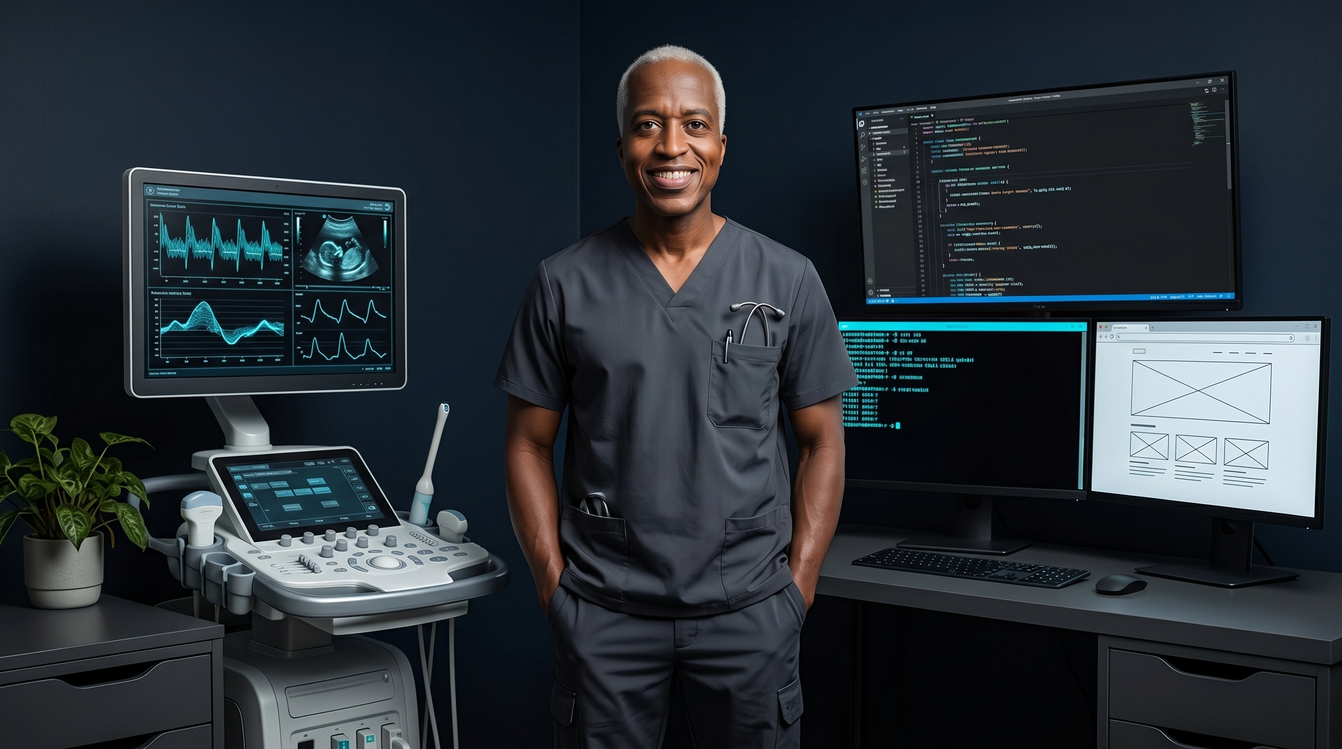 A physician-developer standing between a clinical workstation and a coding setup with multiple screens