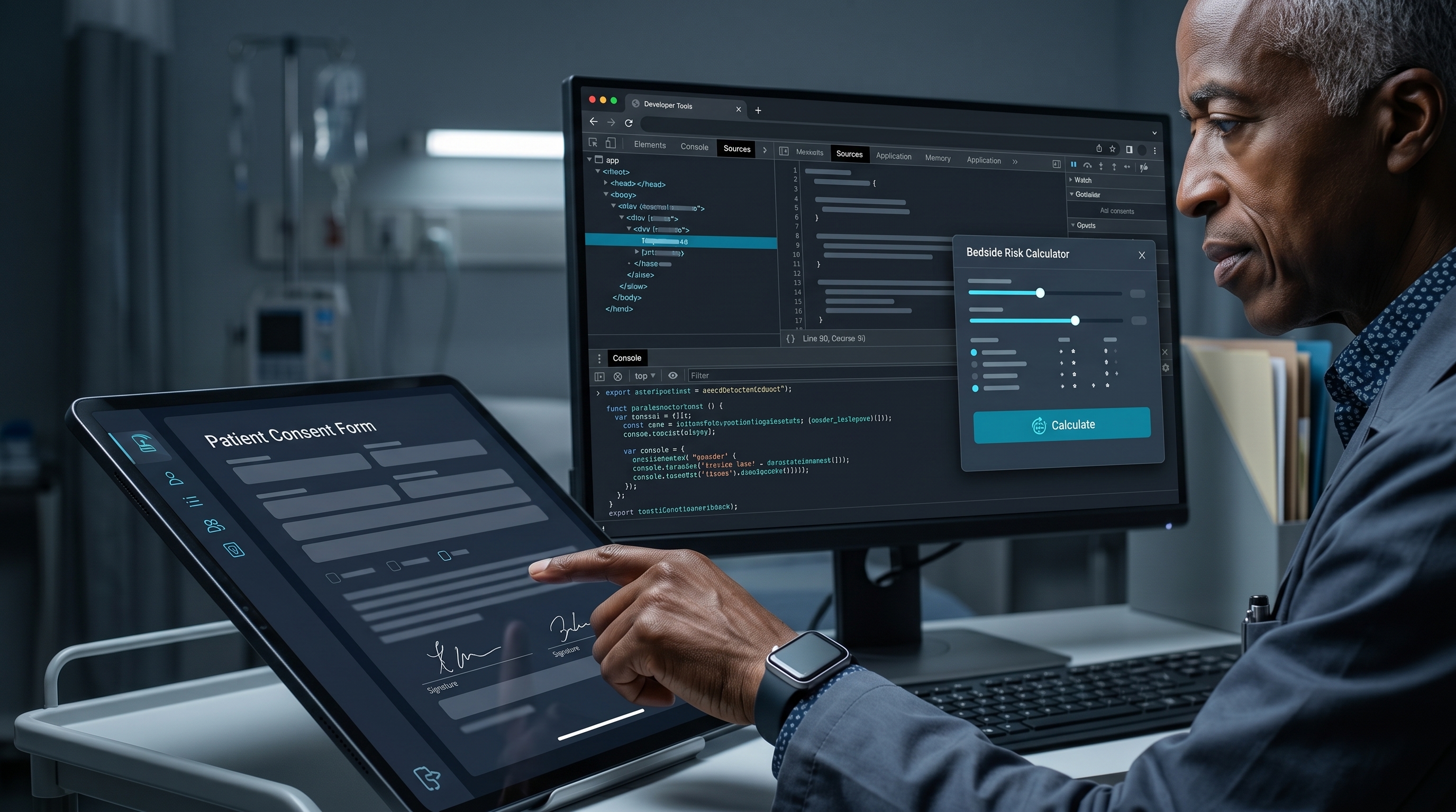 A patient-facing clinical interface and browser developer tools open beside a bedside risk calculator