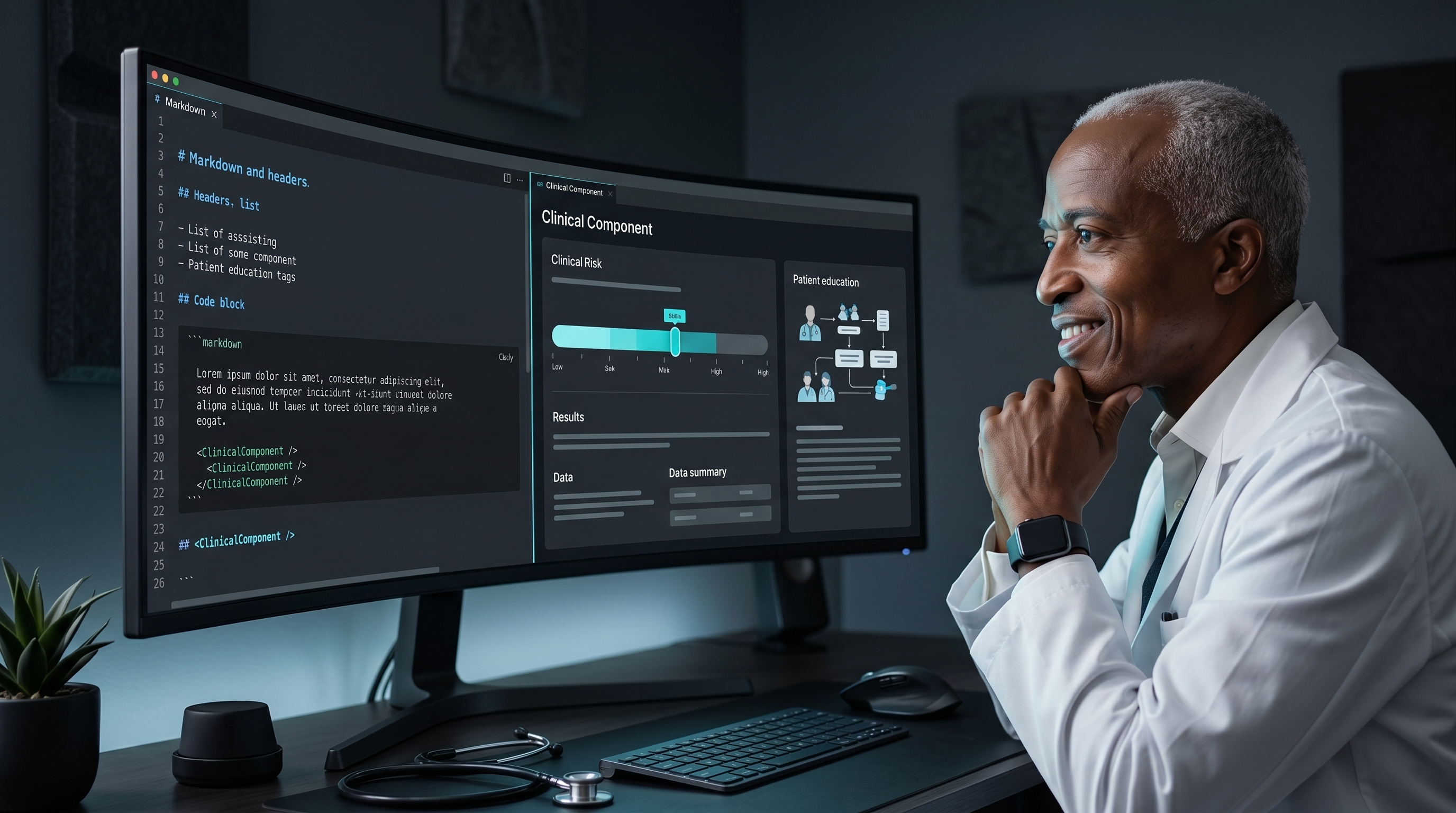 An MDX document with clinical prose and an interactive component displayed side by side