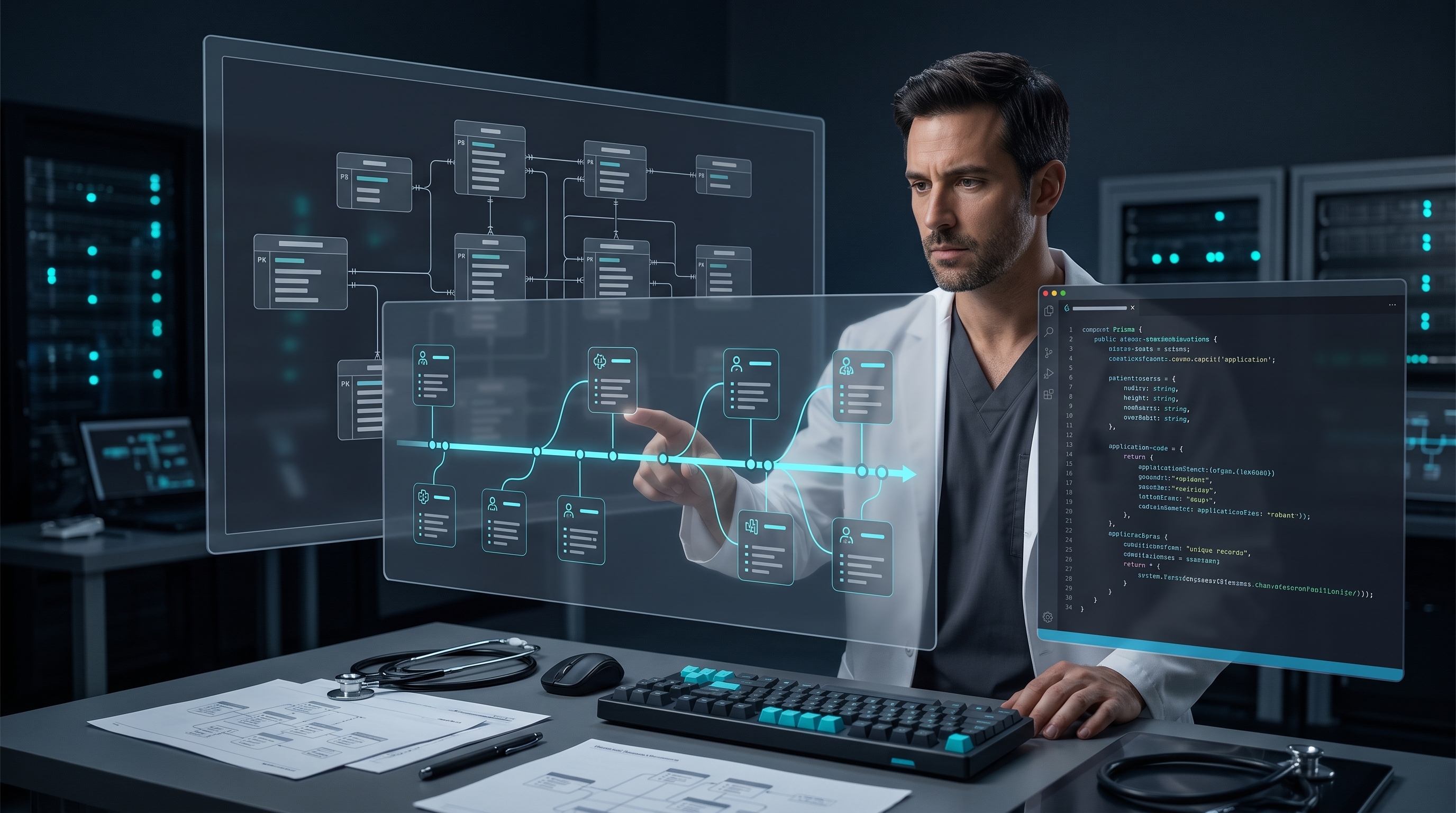 Connected patient record schemas and application code layered across a physician-developer workspace