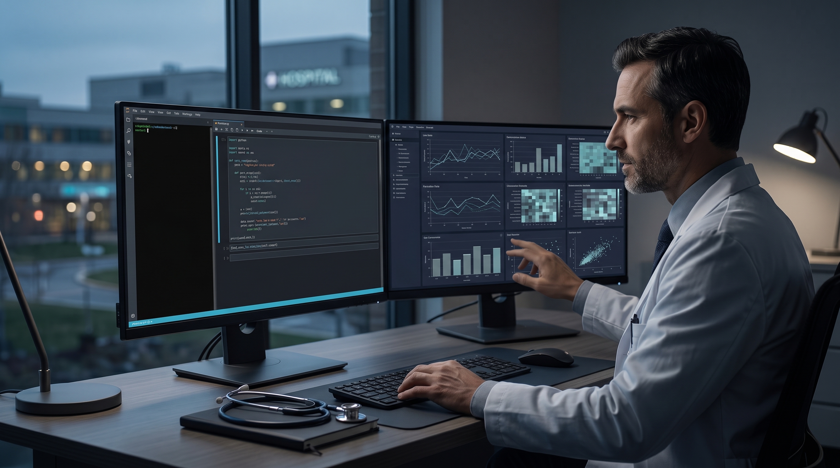 A physician reviewing de-identified clinical data visualizations beside a Python coding workspace