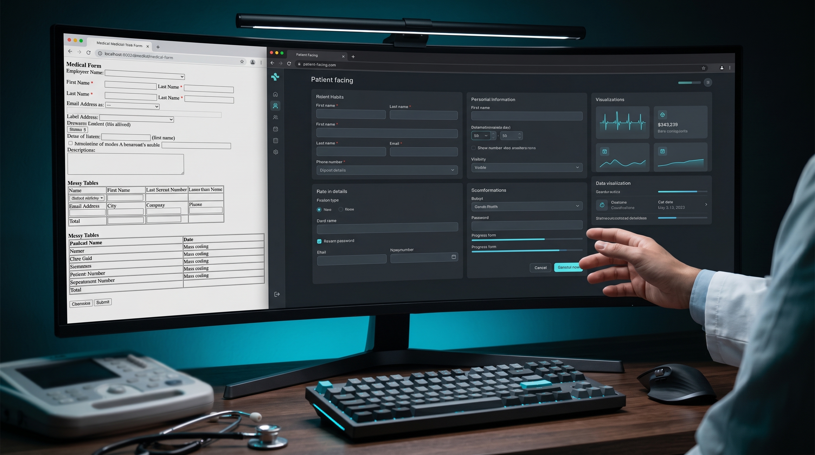 A clinical web interface transforming from a plain form into a polished patient-facing design