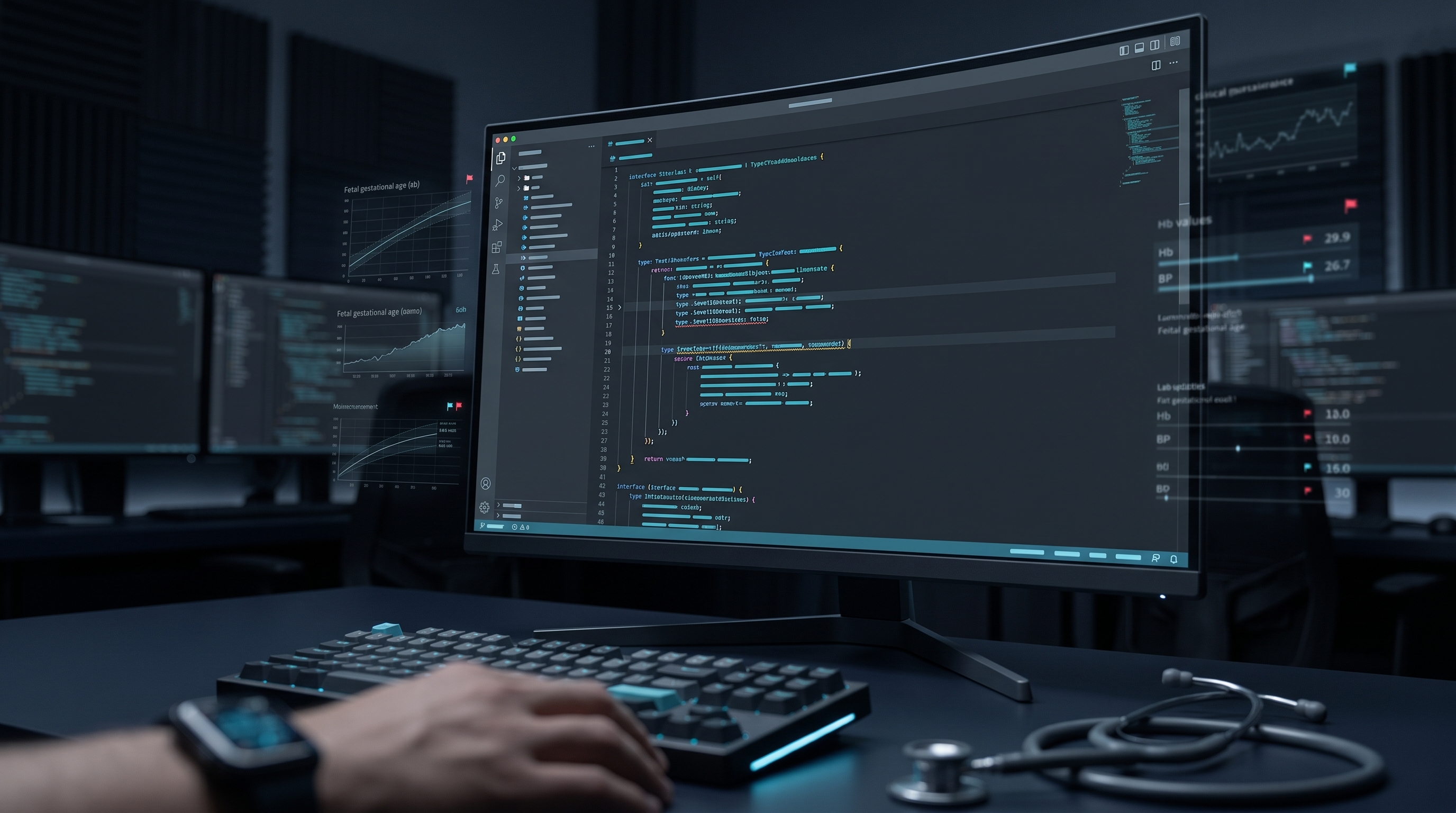A code editor showing structured clinical data and validation cues in a TypeScript workflow