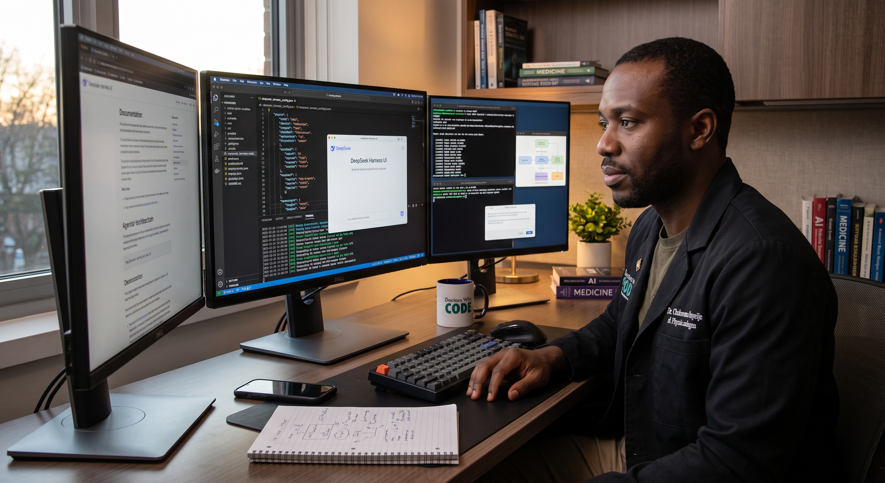 Dr. Chukwuma Onyeije supervising DeepSeek Harness across a multi-monitor physician-developer workspace