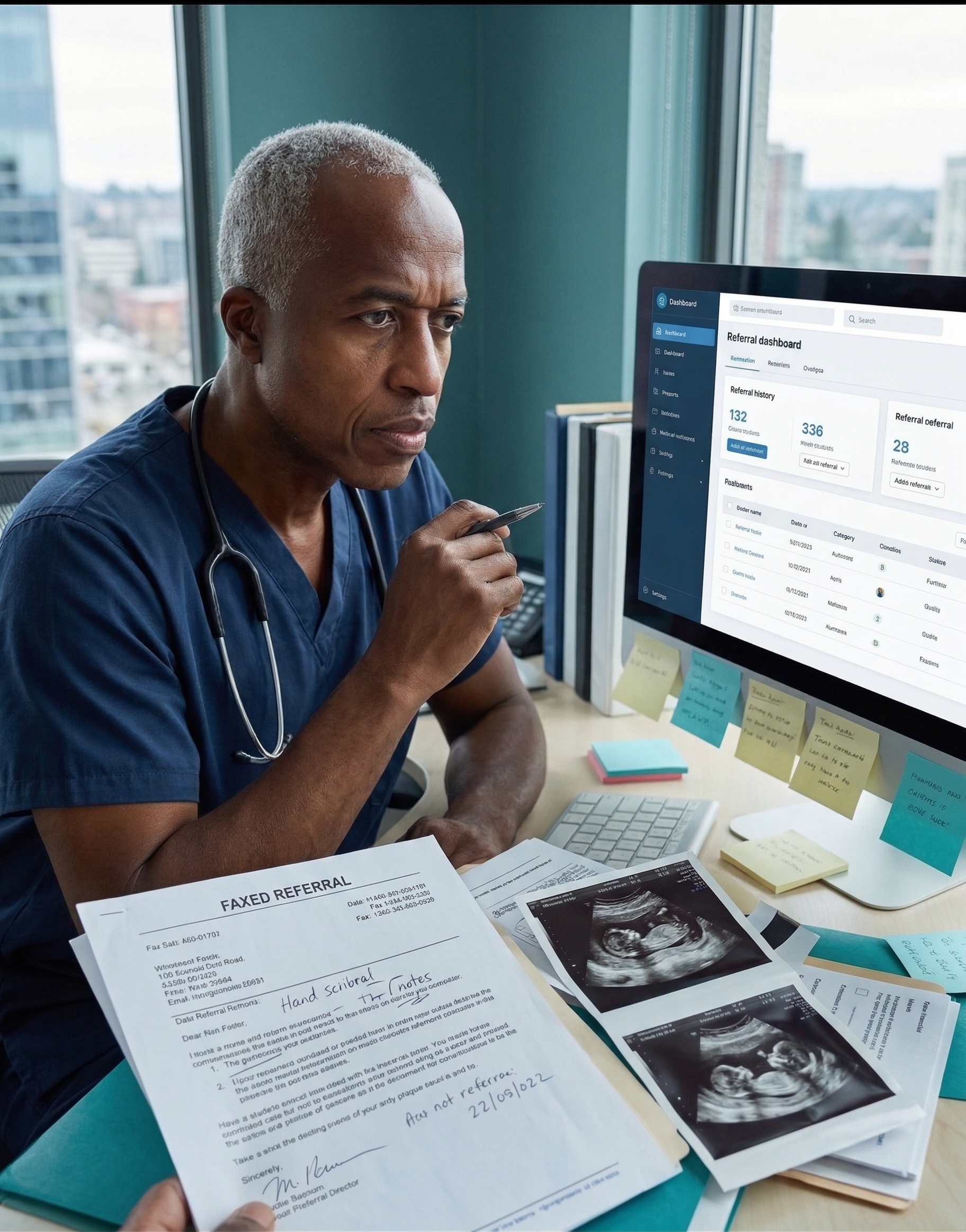 Physician reviewing faxed referral pages beside a digital referral dashboard with ultrasound images