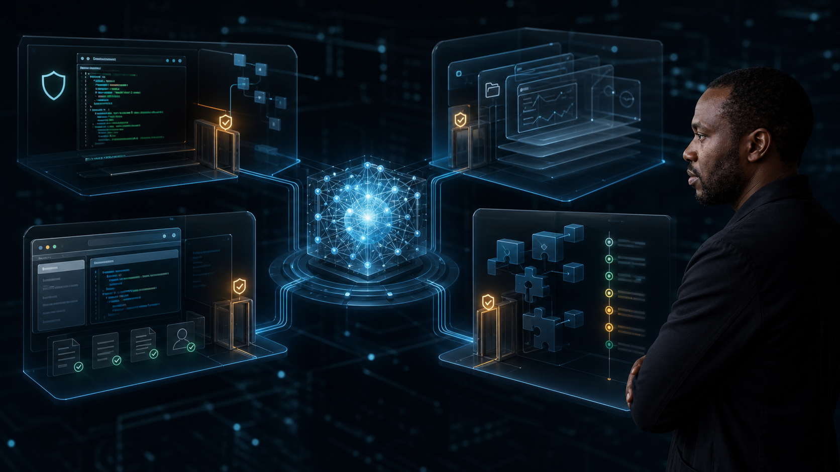 Four distinct agent workspaces surrounding the same language model, each with different tools, permissions, memory, and review artifacts