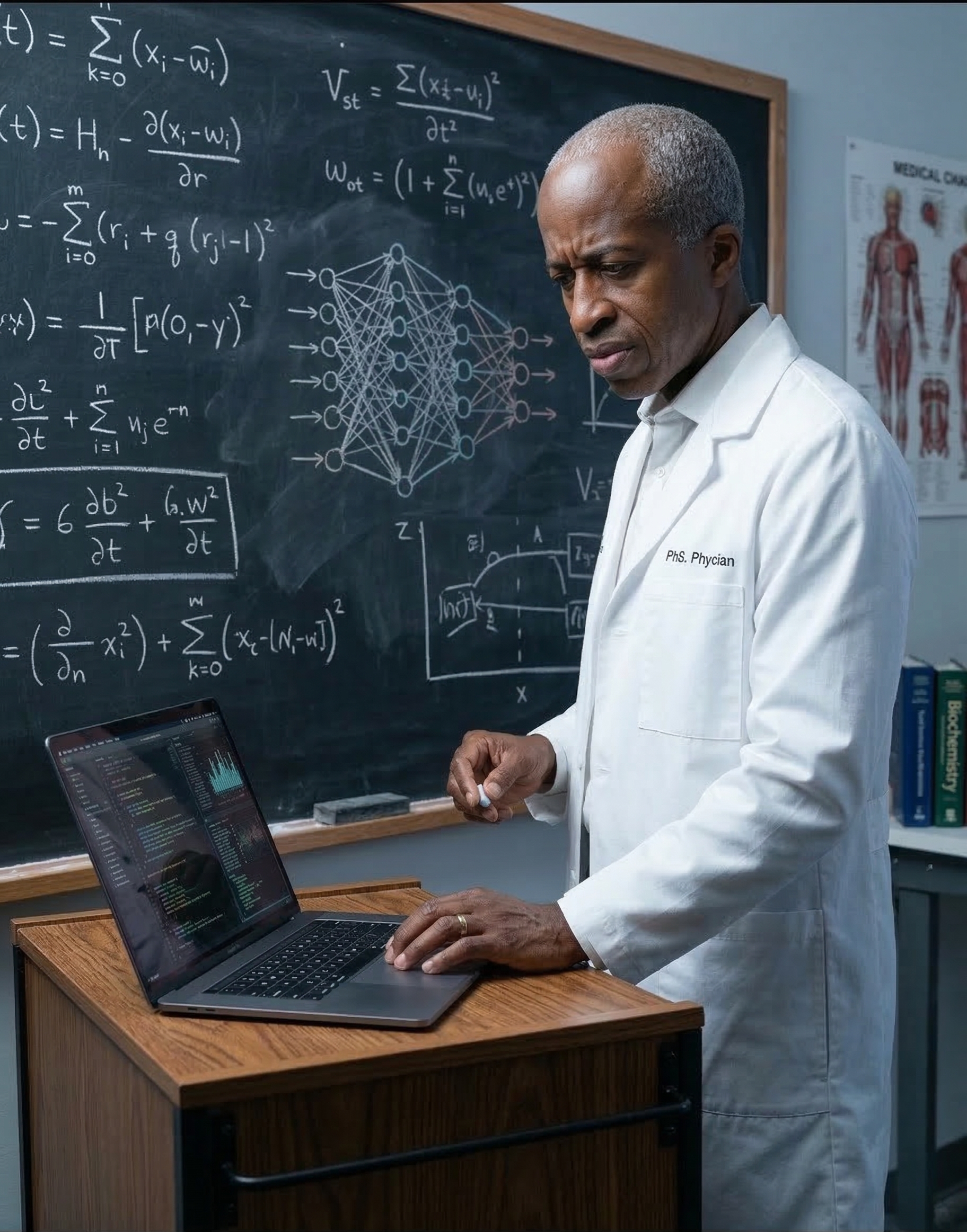 Senior physician and resident reviewing AI diagnostic output on a tablet in a hospital corridor