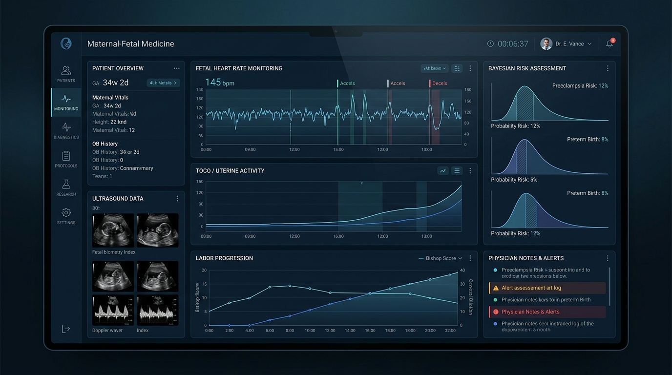 Concept illustration of an MFM dashboard with fetal heart rate tracings, ultrasound images, labor curves, and risk distributions.