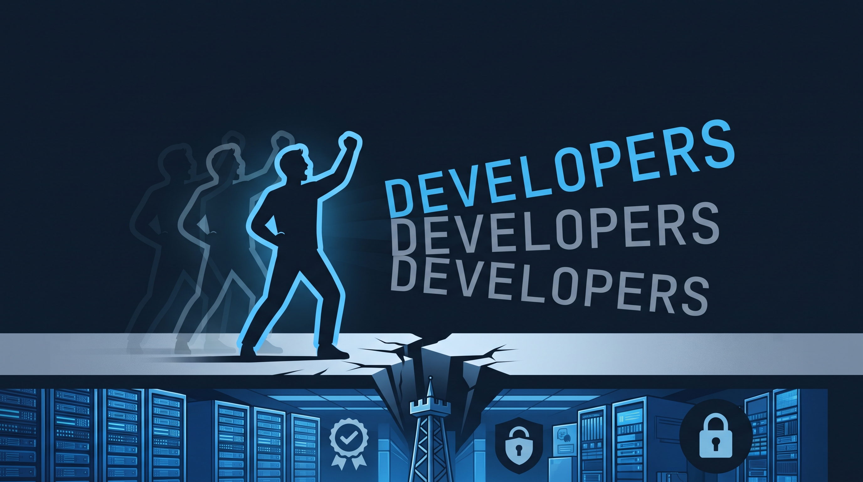 Editorial illustration of a silhouetted figure mid-shout on a stage with the word developers echoing into an enterprise server room, in dark navy and cyan