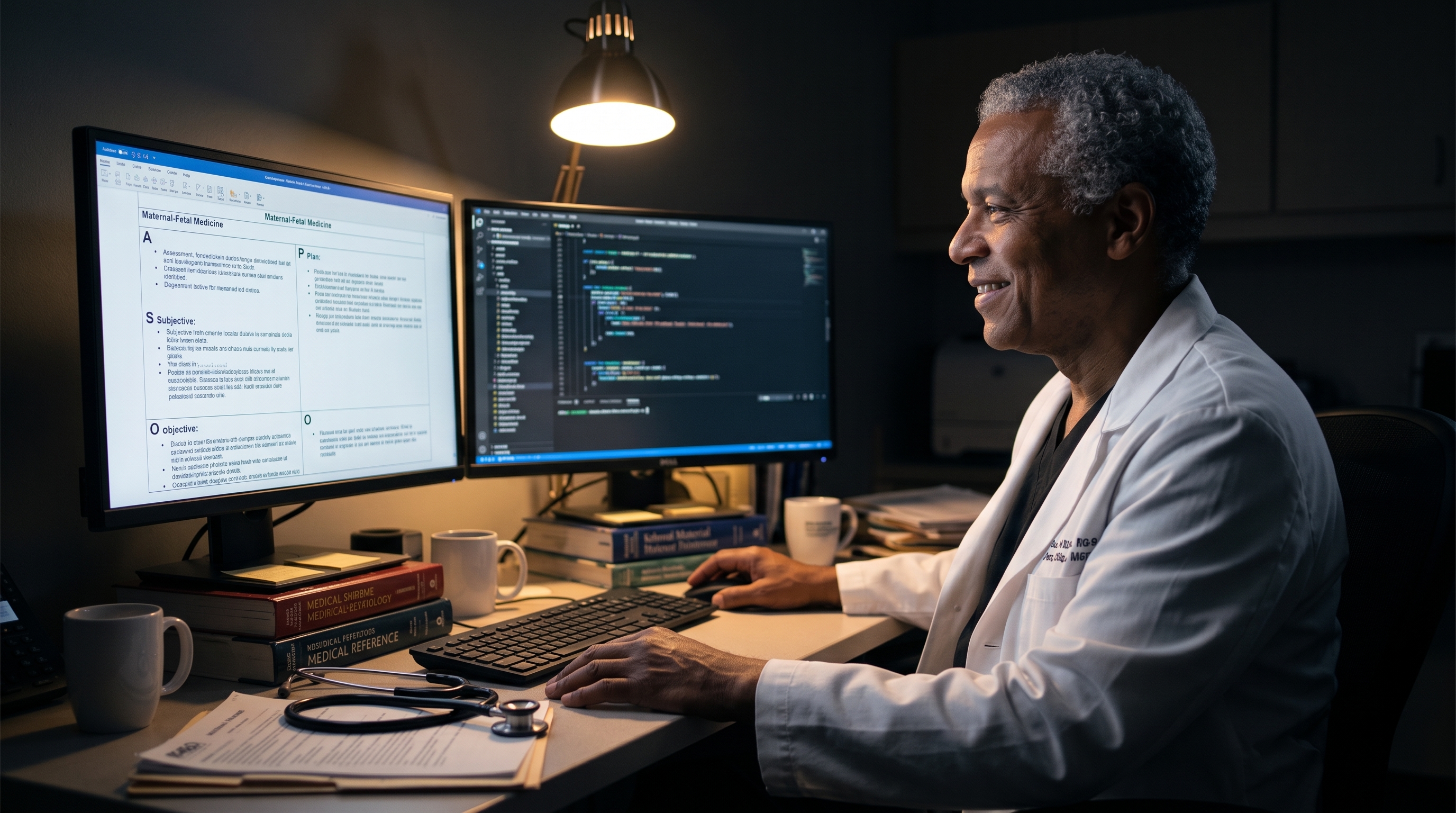 Physician-developer reviewing maternal-fetal medicine documentation and software code at a dual-monitor workstation