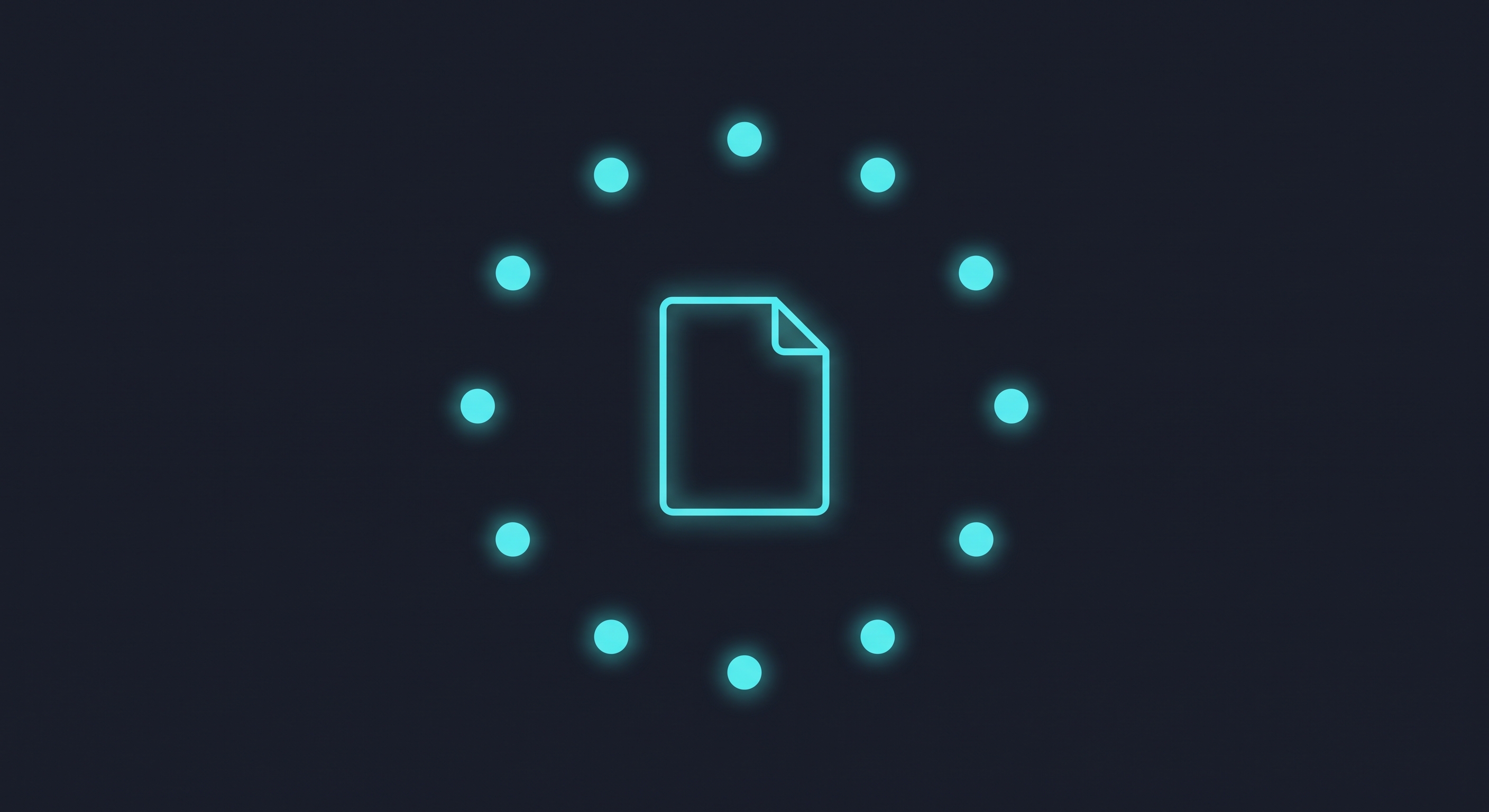 Ten small glowing evaluation nodes arranged around a central neutral document icon, no company logos visible