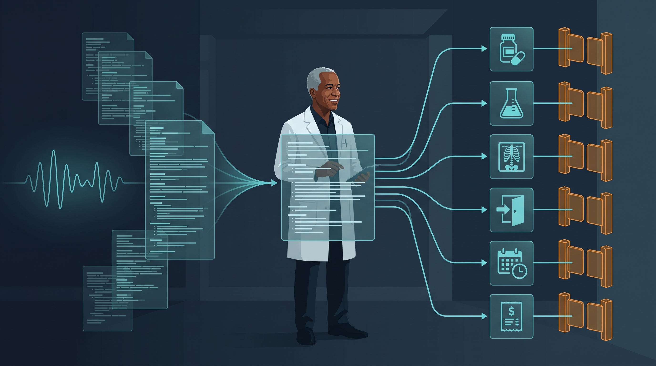A physician reviewing an evidence-linked clinical workflow that turns a patient conversation into a note, orders, prescriptions, and coding actions