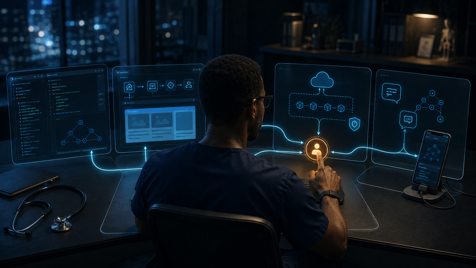 A physician-developer choosing among a terminal, an agent-first editor, a cloud workspace, and a persistent messaging agent