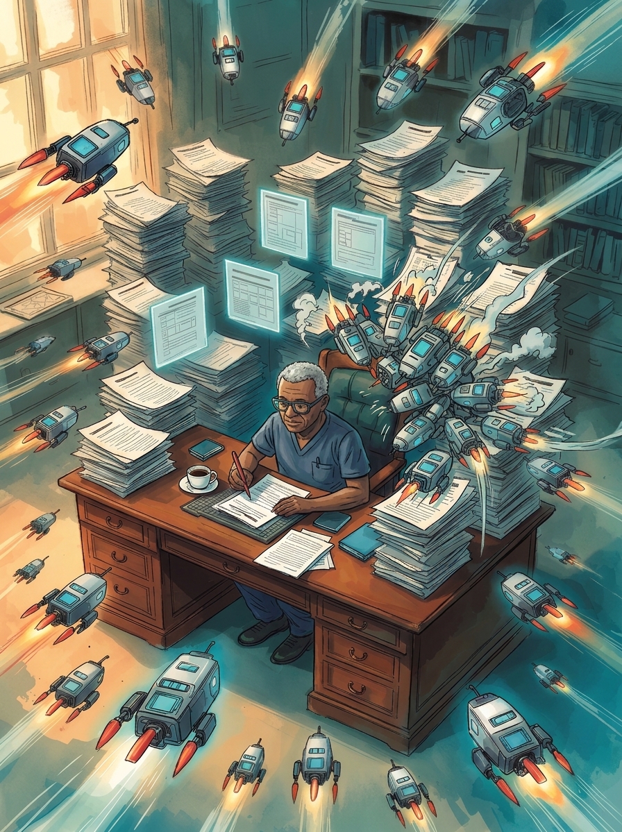 A physician calmly reviewing paperwork at a desk while dozens of rocket-powered AI robots and floating digital documents crowd the room around him
