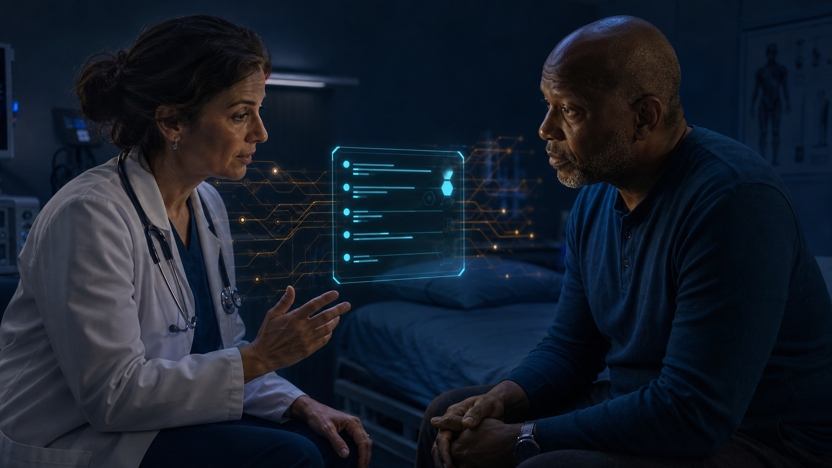 A physician and patient evaluating a translucent software recommendation together at the bedside