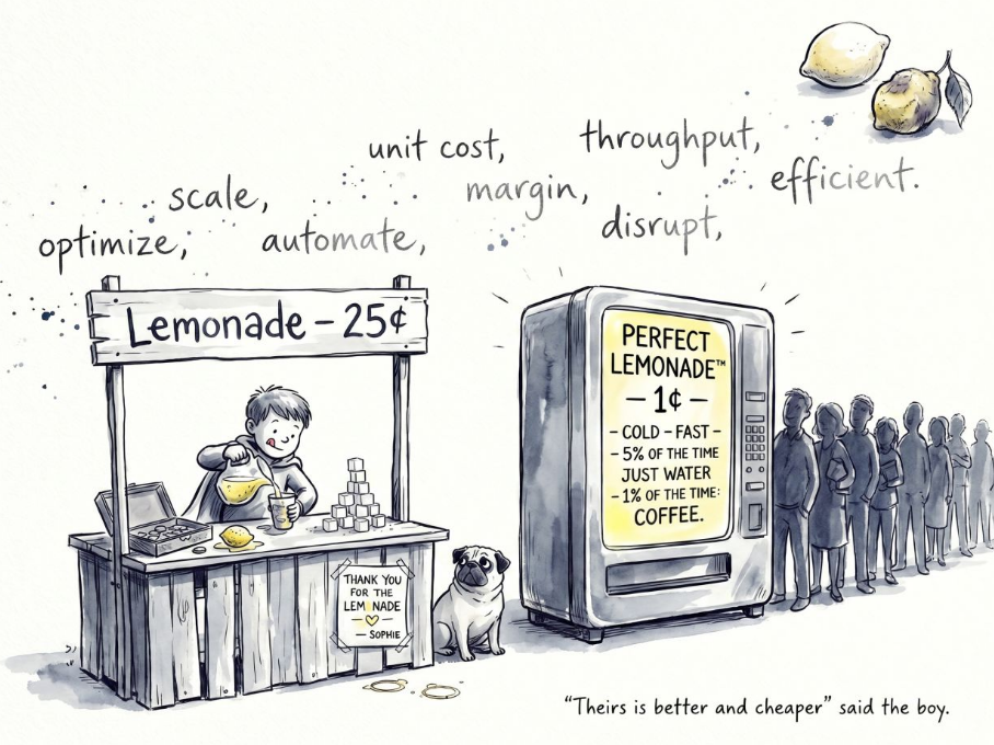 Whimsical lemonade stand scene comparing a child-made lemonade stand with an automated lemonade machine