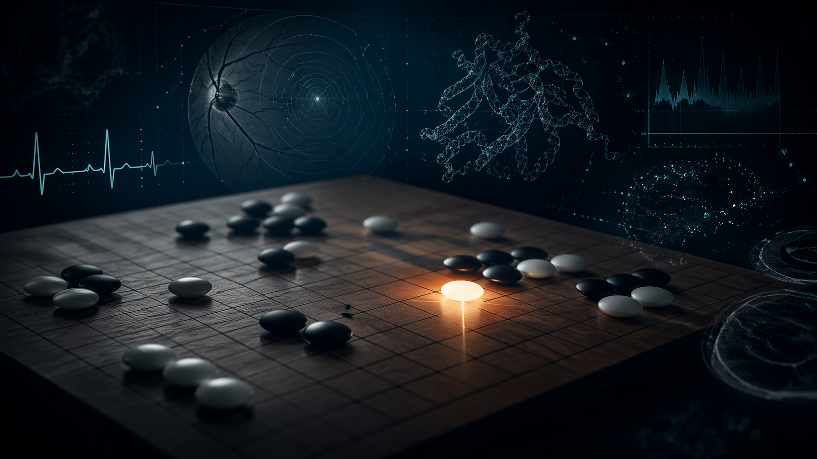 A Go board with one glowing stone in the foreground, overlaid with retinal imaging, protein structure, ECG signals, and medical data visualizations