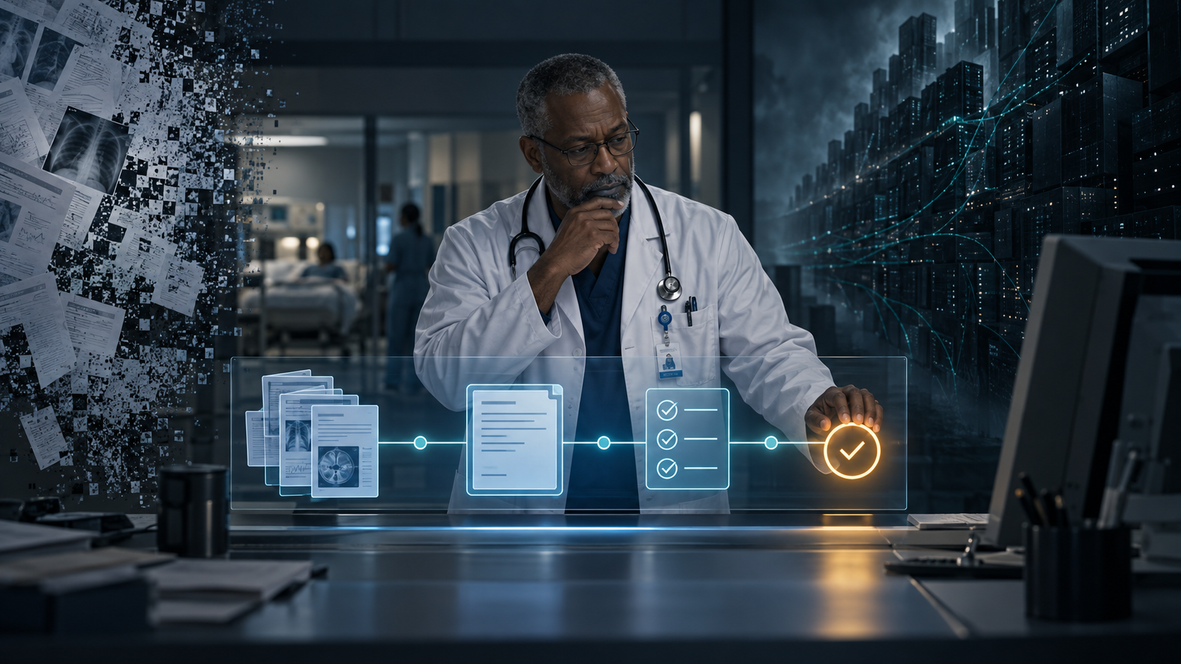 A physician reviews a clinical AI workflow between dissolving documents and server towers, with an amber human approval checkpoint