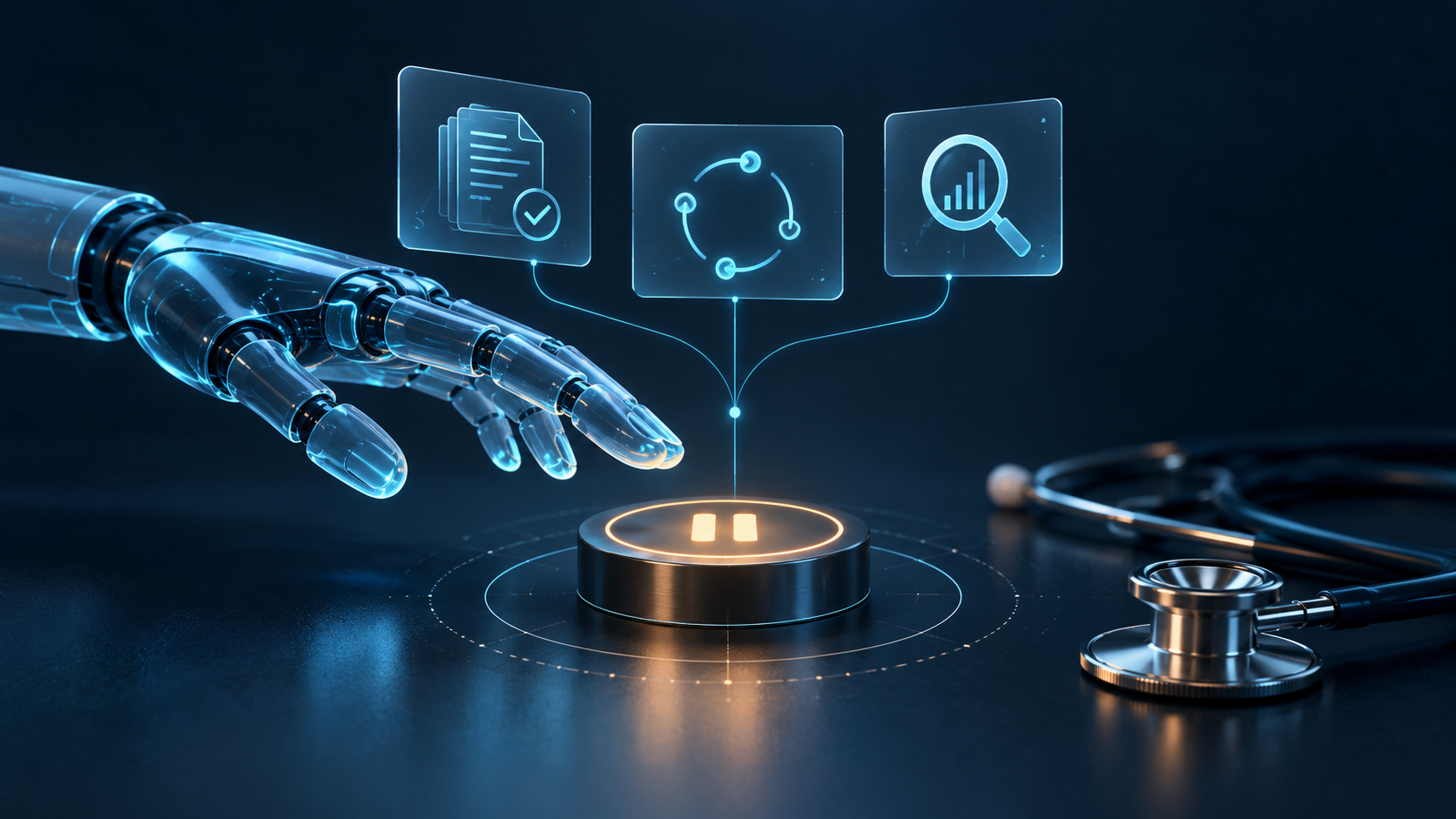 A translucent robotic hand pauses above an untouched control beside verified evidence cards and a stethoscope.