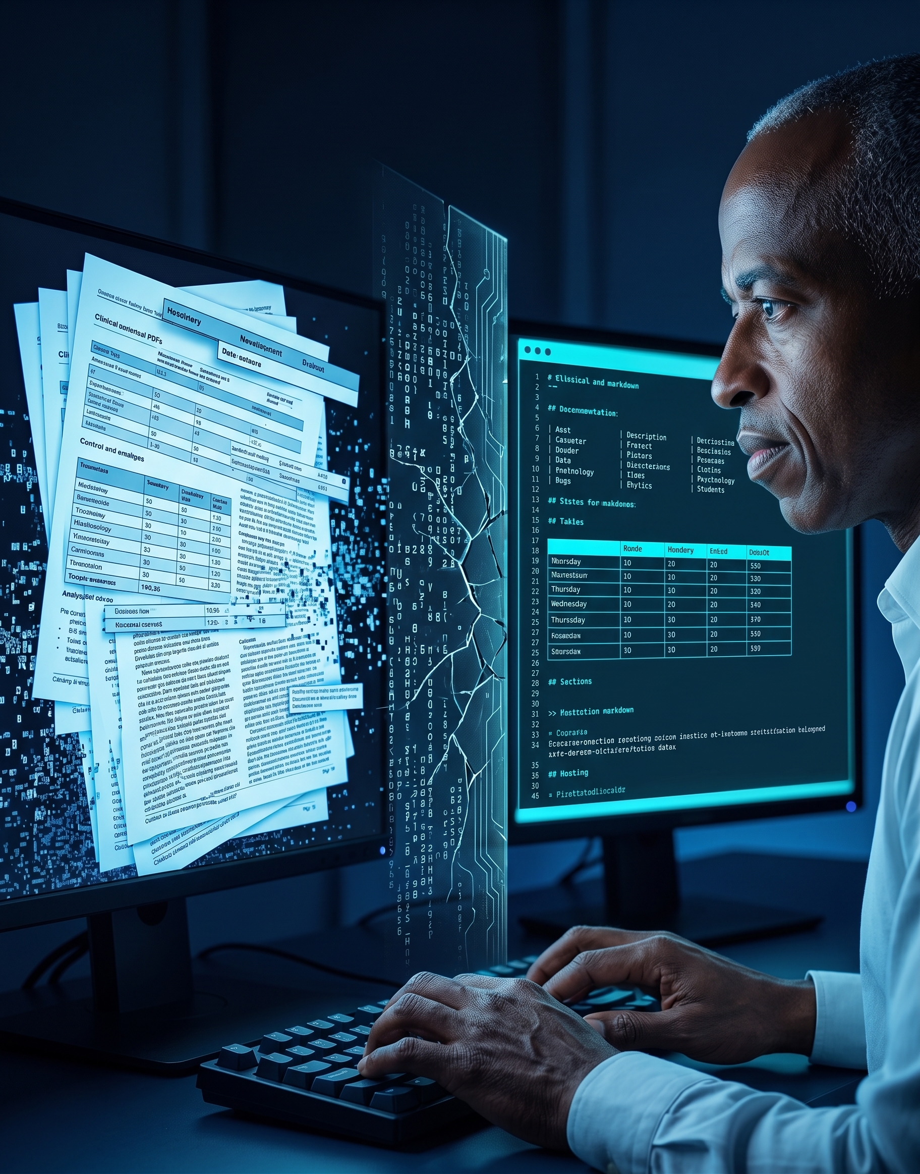 Physician-developer at a dark workstation with fragmented clinical PDFs on the left monitor and clean structured Markdown output on the right, a cracked digital wall separating the two