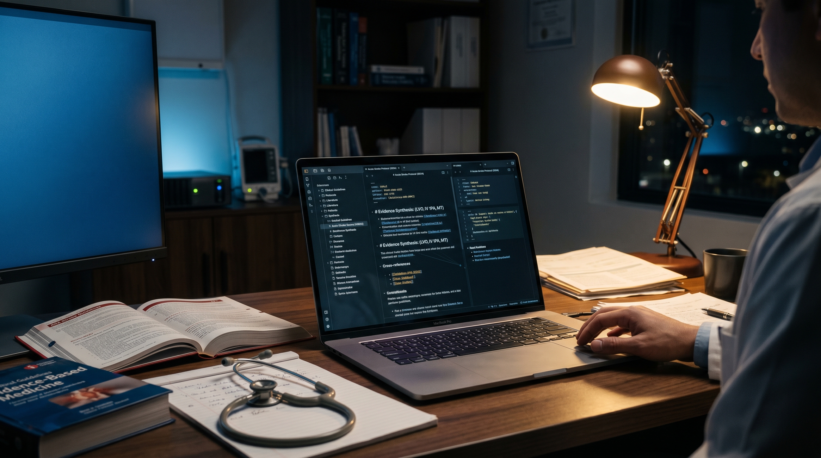 Physician seated in a clinical office with a circular second-brain knowledge vault of case notes, guidelines, literature, protocols, and insights