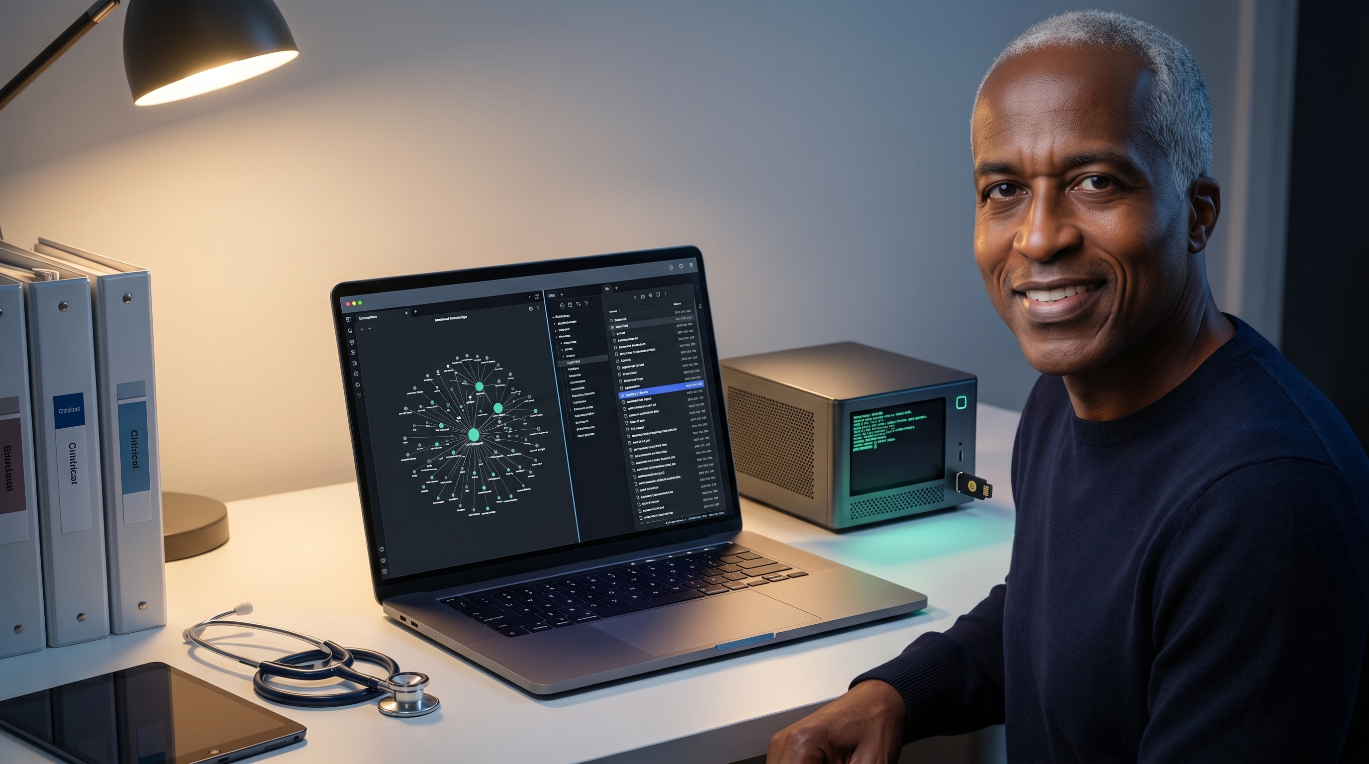 Physician-builder at a laptop with a local clinical knowledge graph, binders, stethoscope, and private local server