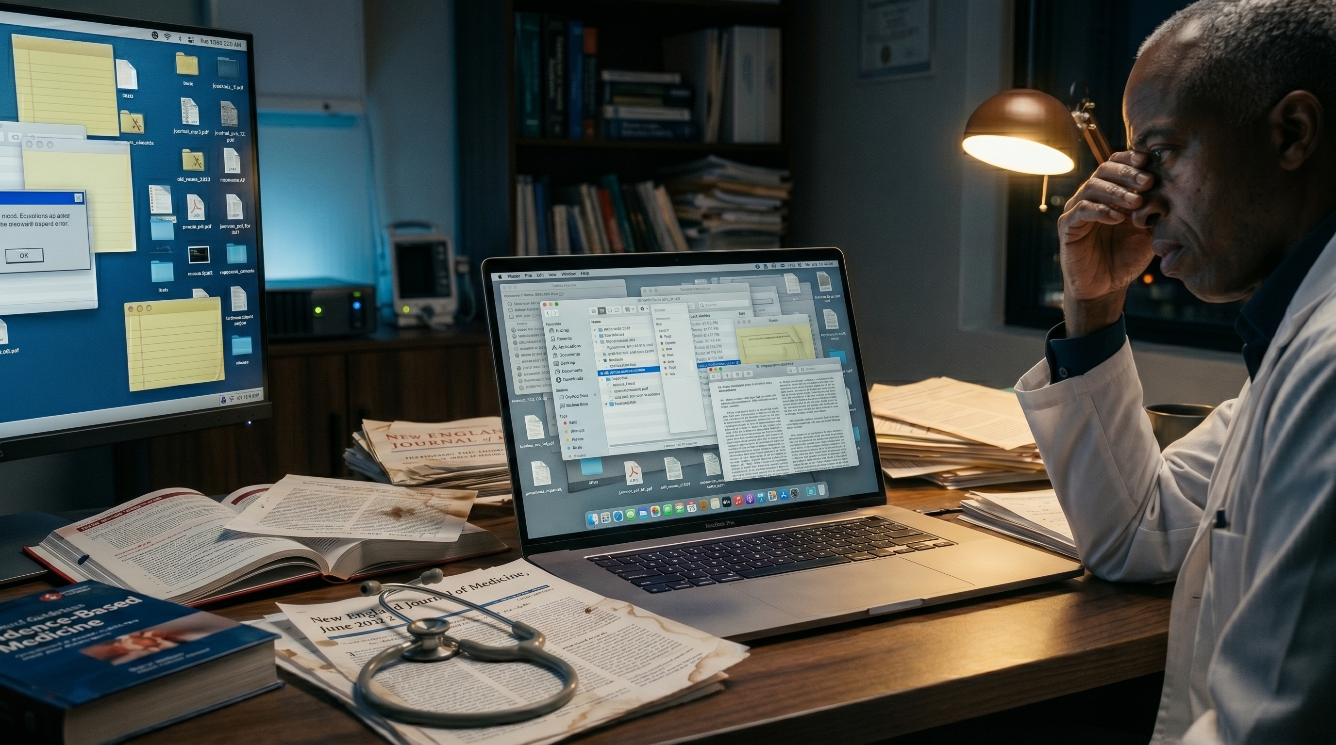 Physician overwhelmed by unread medical PDFs, journal articles, guidelines, treatment protocols, and abandoned digital notes