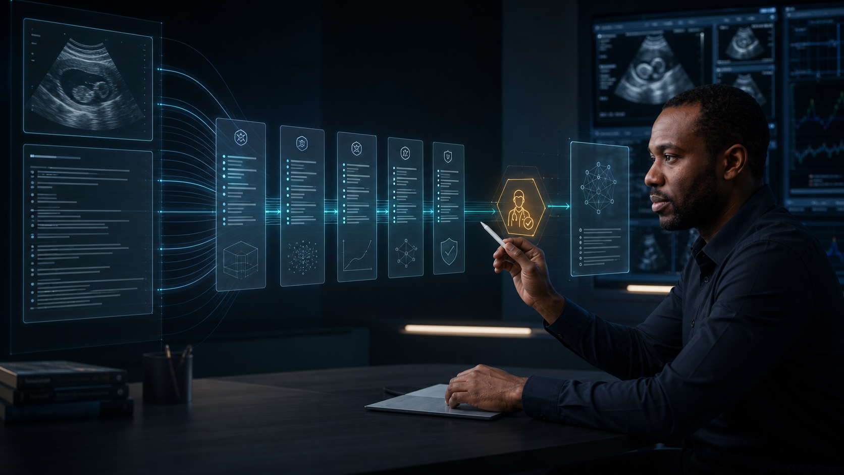 A physician-developer converting a clinical note into a bounded AI specification with visible source, constraint, and verification layers