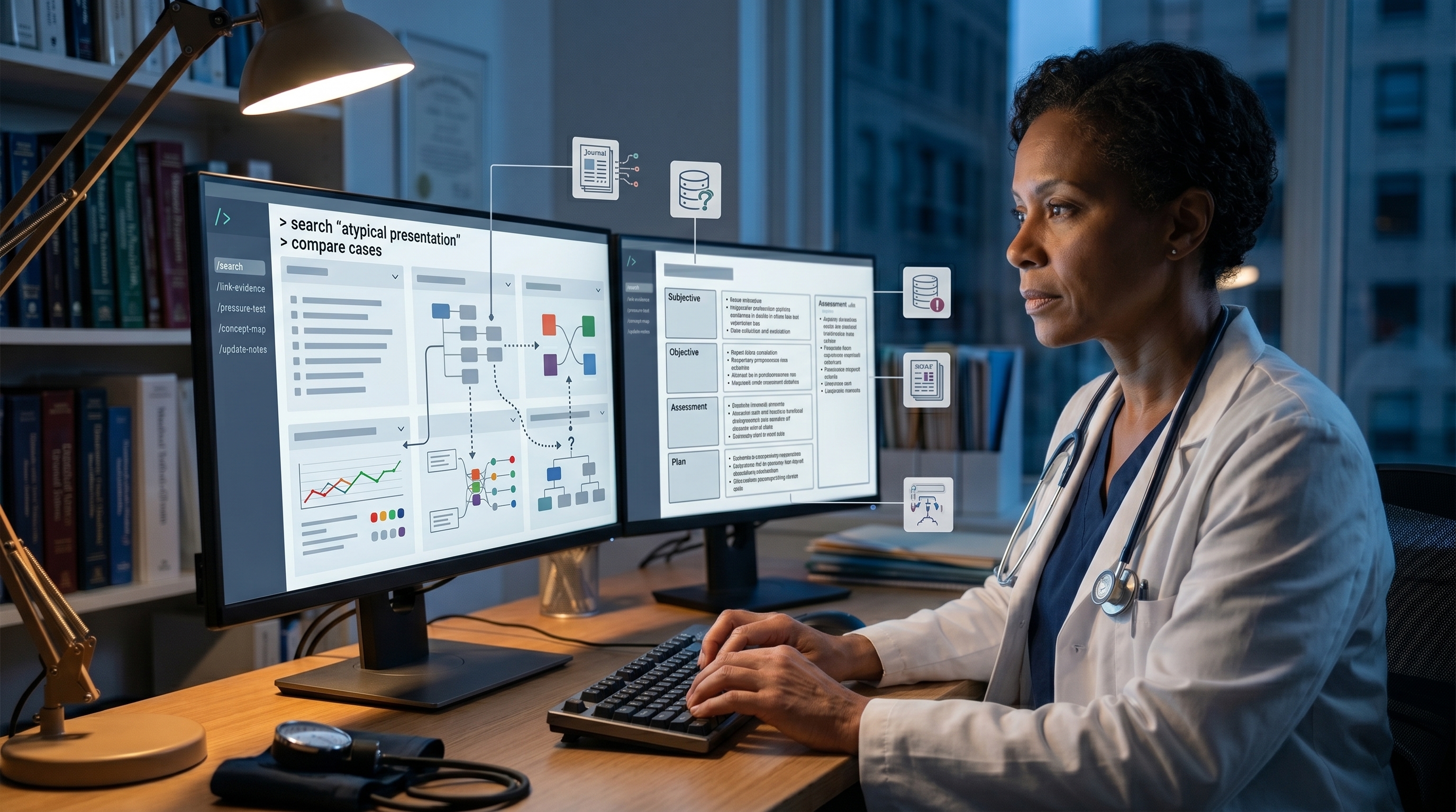 Physician using a command-driven clinical reasoning interface across dual monitors with case comparison and SOAP structure
