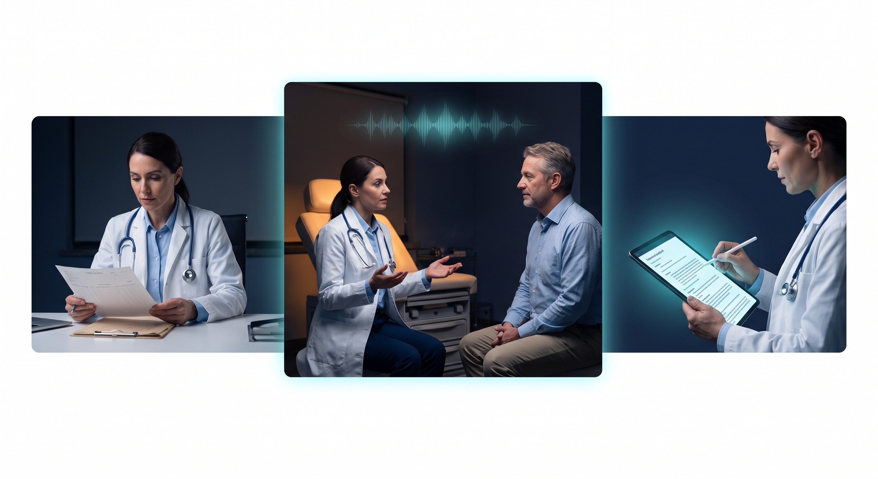 Three connected panels showing a physician reviewing a chart, speaking with a patient, and verifying a note on a tablet