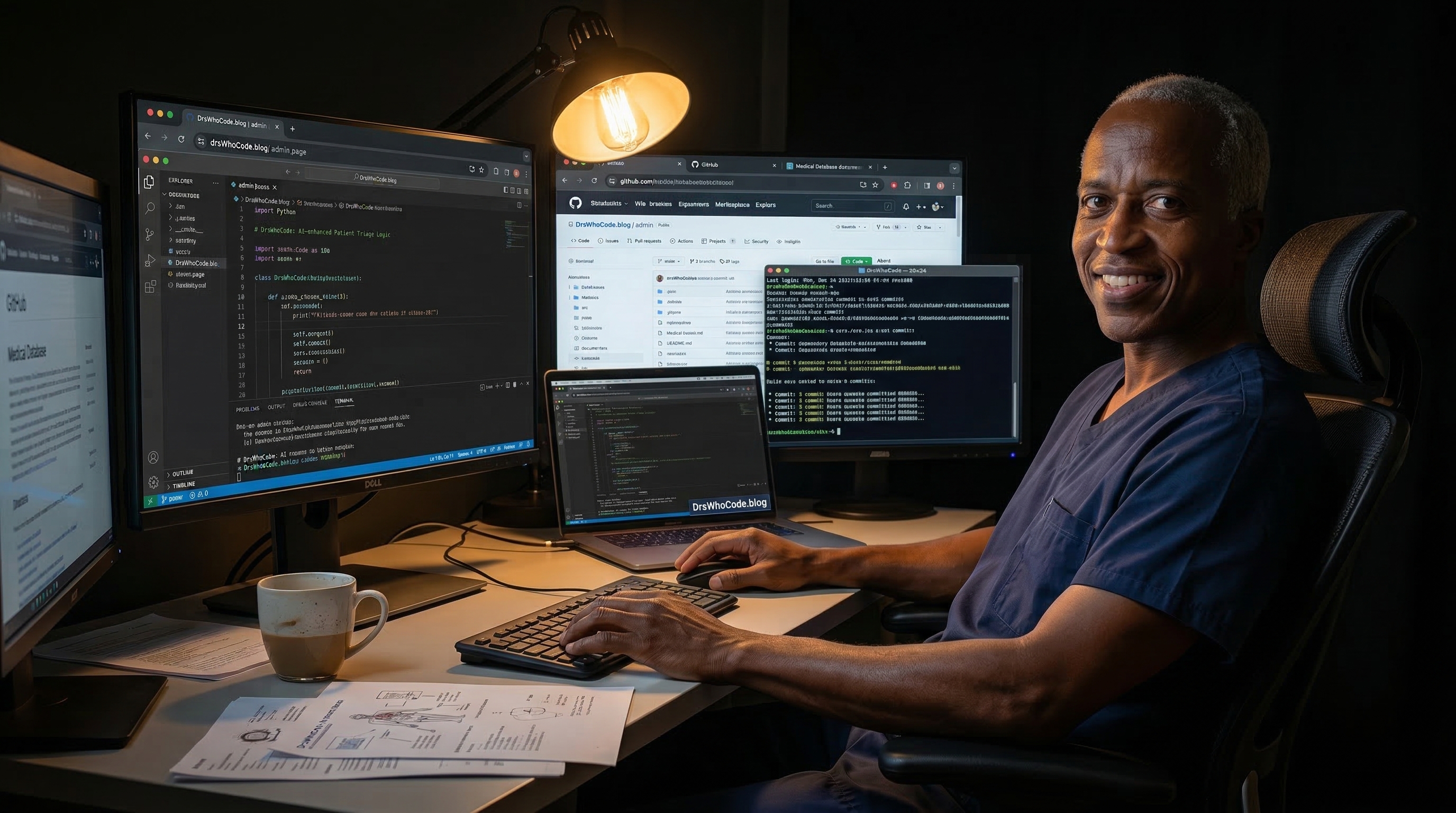 Physician in scrubs coding late at night with multiple browser windows open