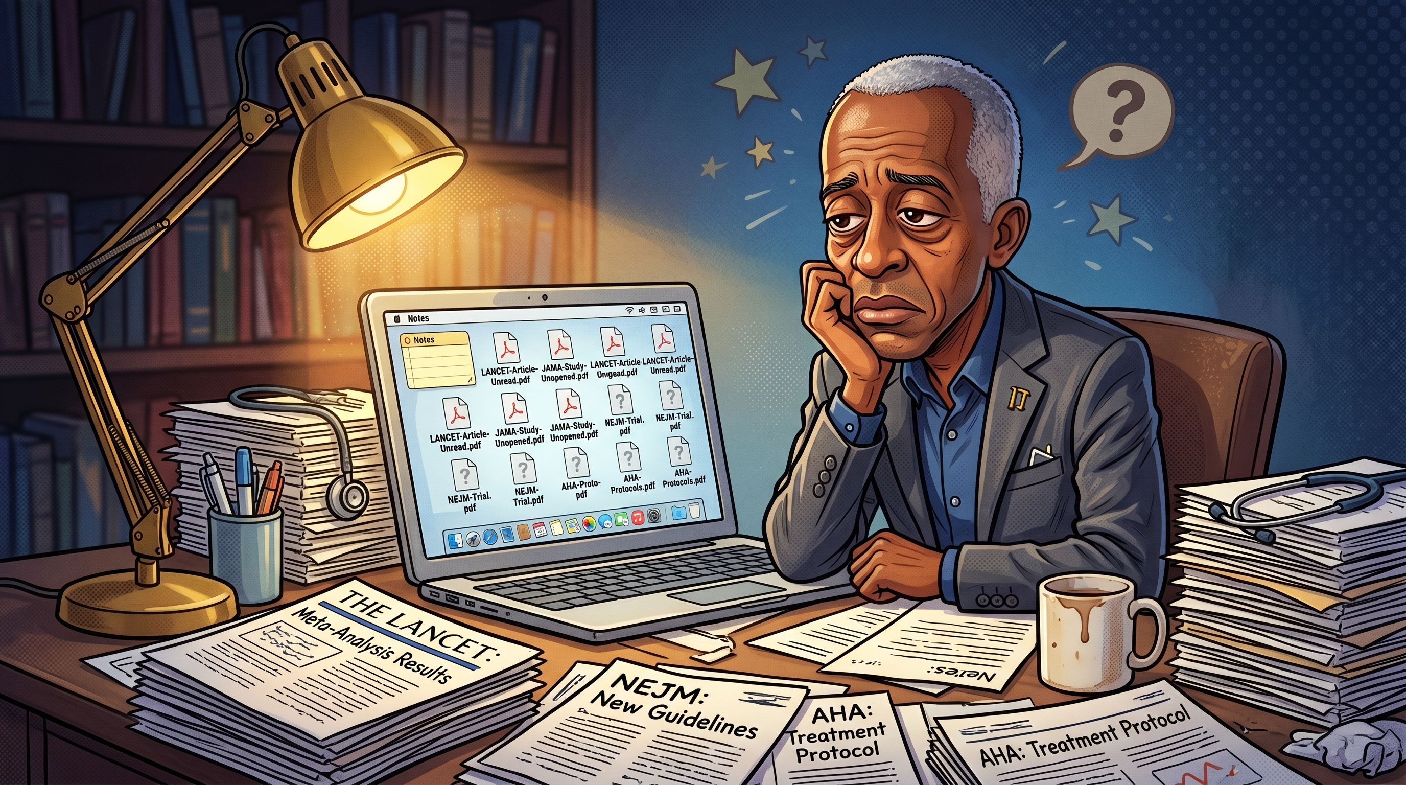 Physician workstation showing clinical evidence synthesis in a dark knowledge vault interface beside medical references