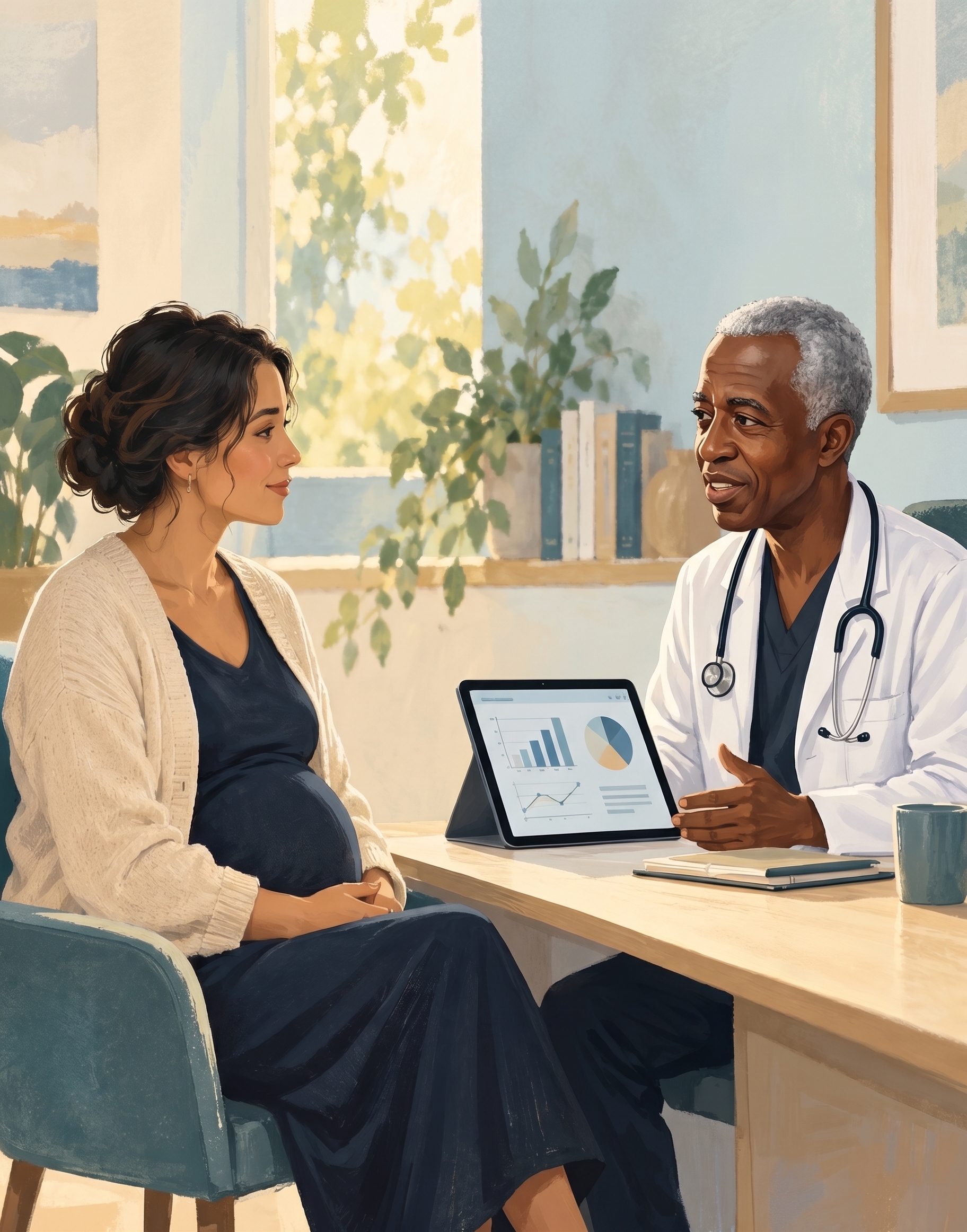 Editorial illustration of a pregnant patient and physician discussing research calmly during a prenatal consultation.