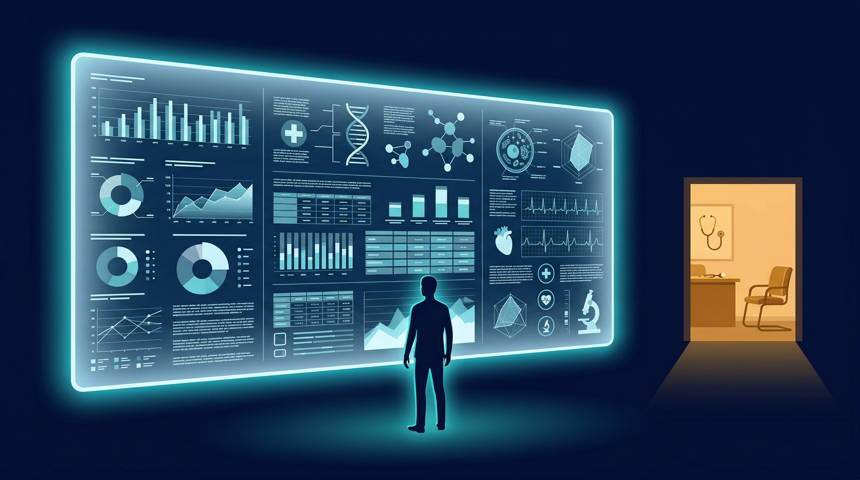 A lone silhouette stands before a towering AI medical dashboard glowing cyan, while a warm doctor's office with a stethoscope waits through an open door behind him