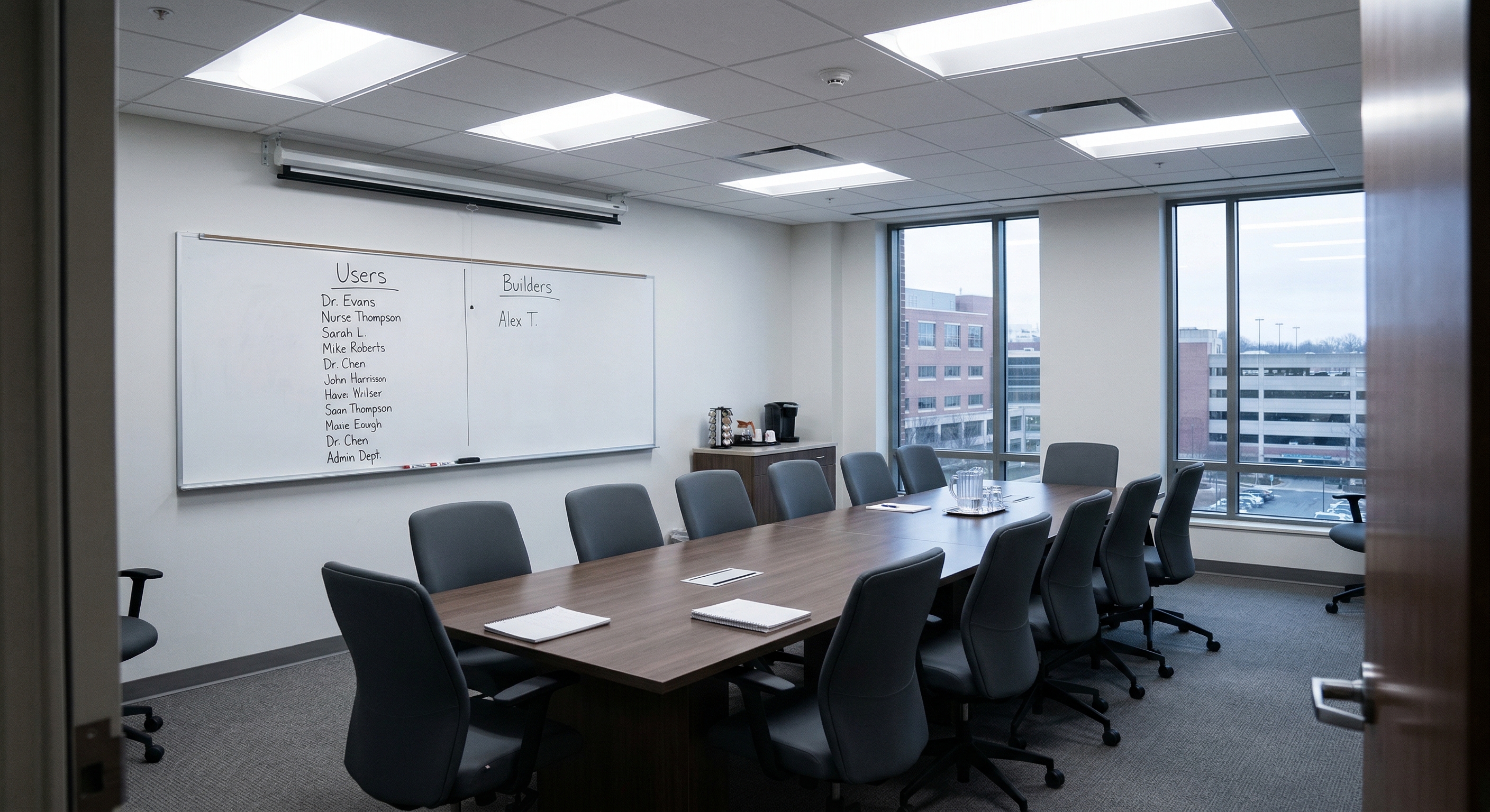 Empty hospital conference room with whiteboard showing Users and Builders columns