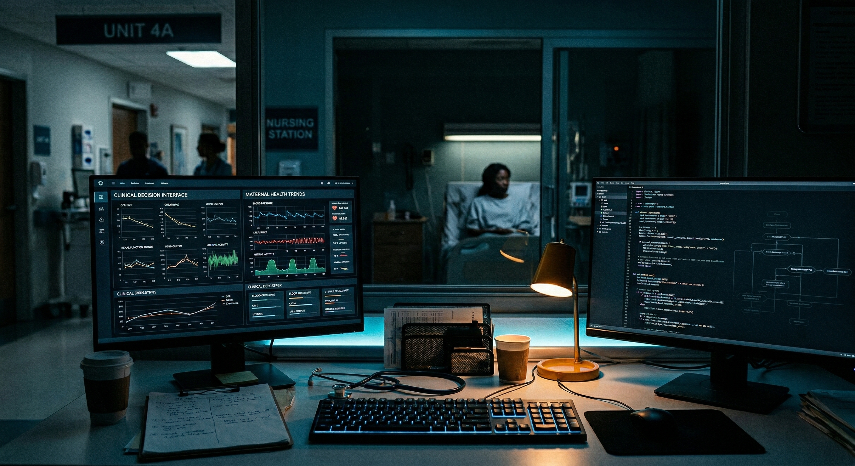 Hospital workstation with clinical dashboards and code monitors outside a patient room at night