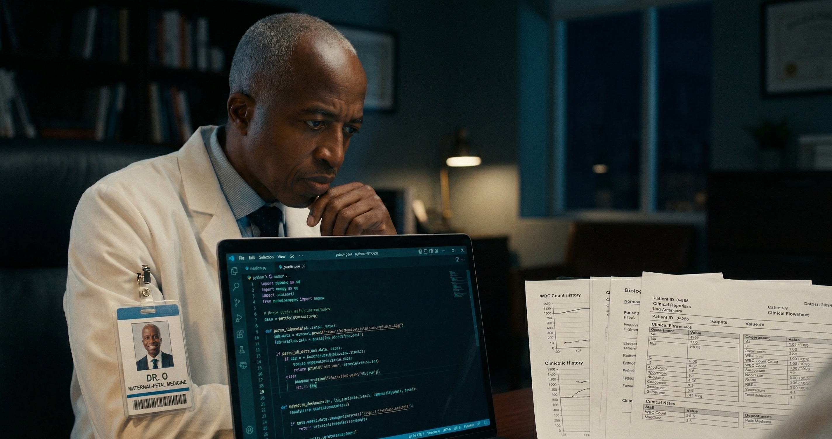 Physician in white coat with ID badge at a desk late at night, laptop showing a Python code editor alongside printed clinical notes